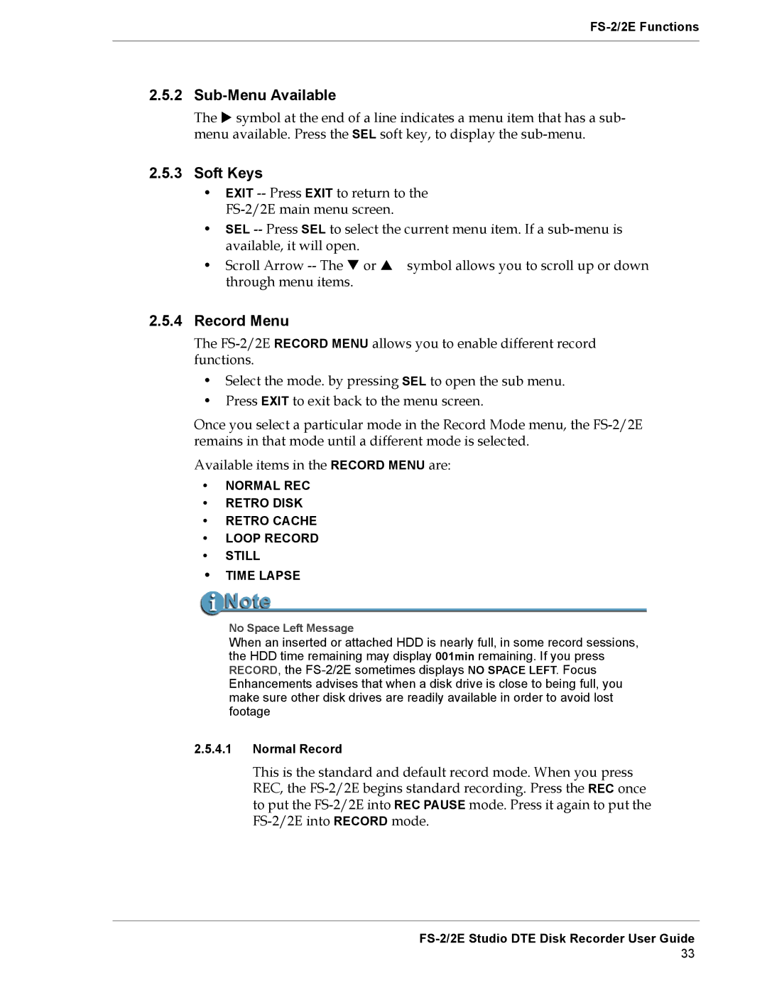 FOCUS Enhancements FS-2E manual Sub-Menu Available, Soft Keys, Record Menu 