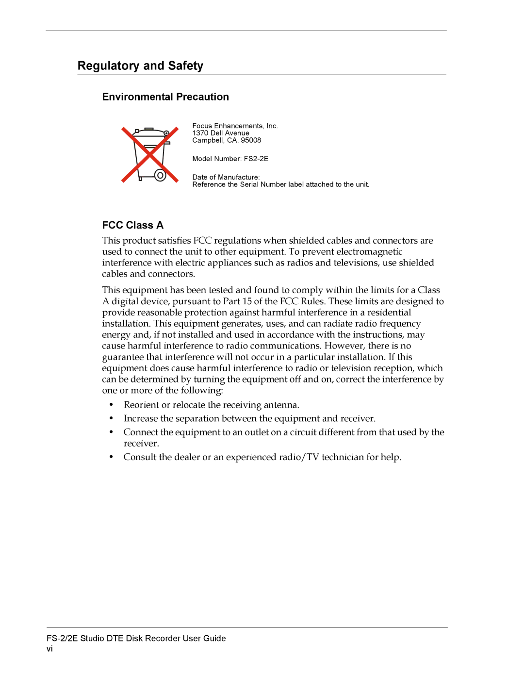 FOCUS Enhancements FS-2E manual Regulatory and Safety, Environmental Precaution, FCC Class a 