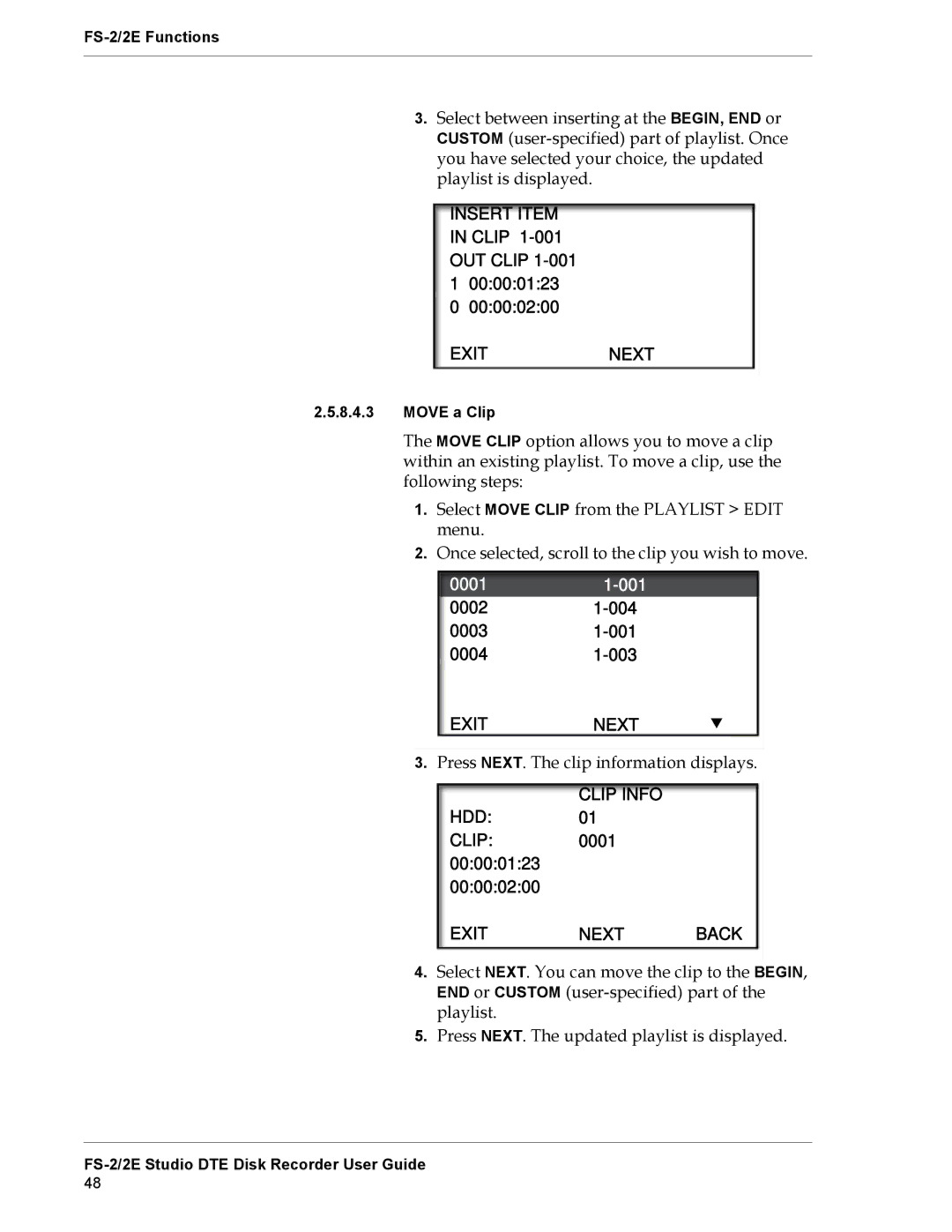 FOCUS Enhancements FS-2E manual Insert Item, Exitnext, Clip Info, Exit Next Back 