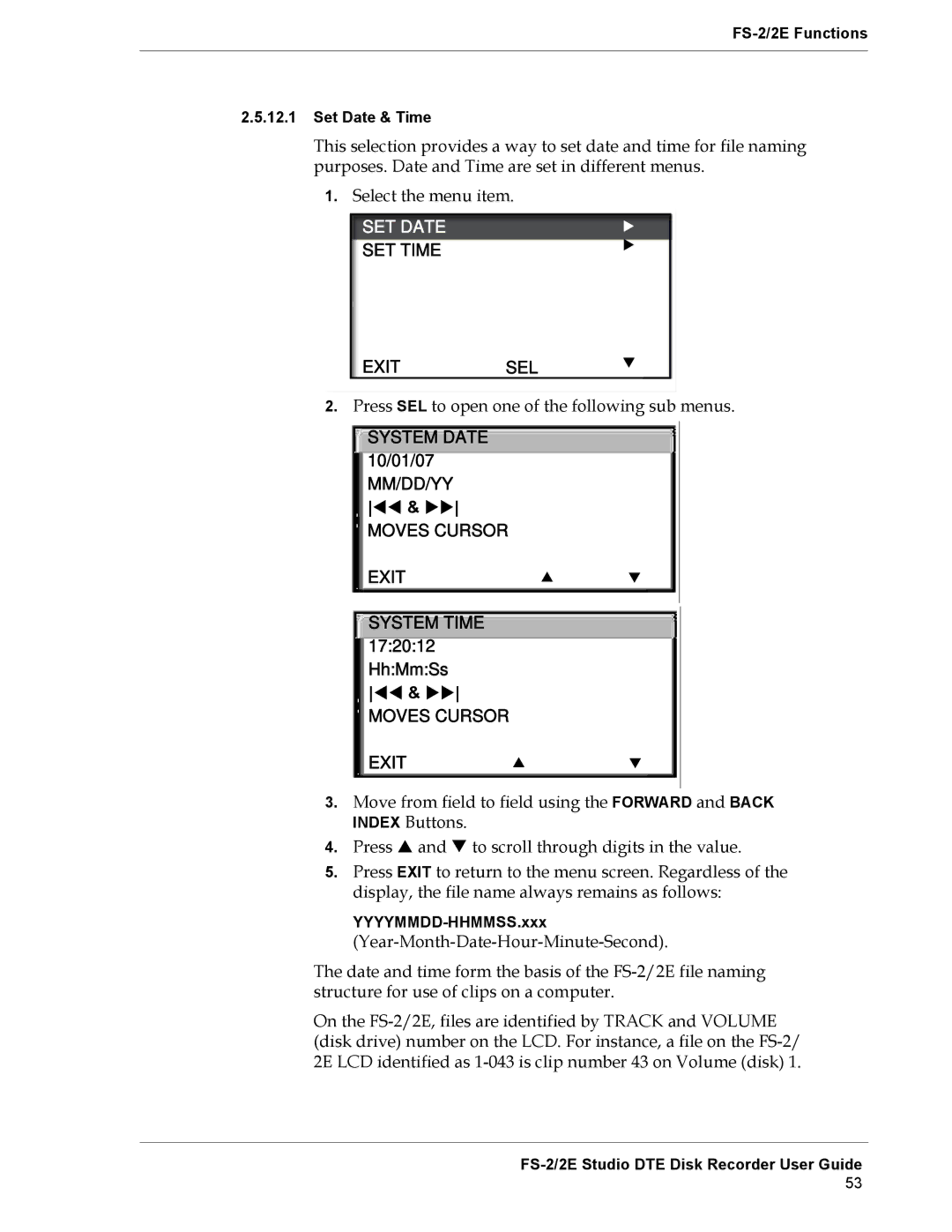 FOCUS Enhancements FS-2E manual SET Date, SET Time Exit SEL 