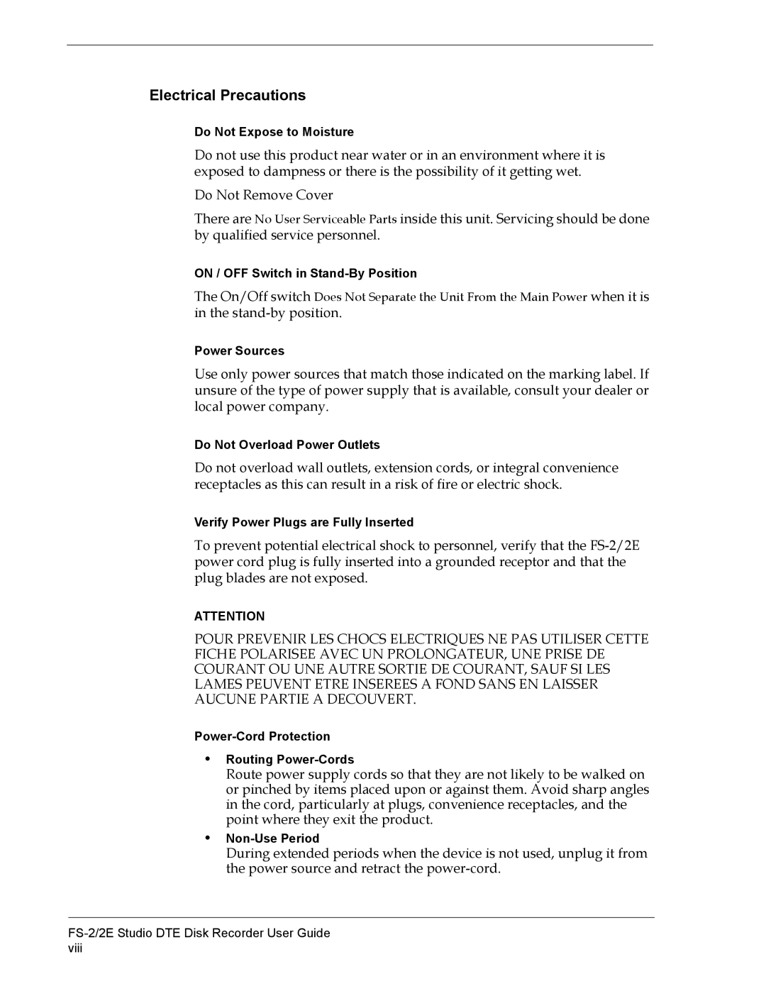 FOCUS Enhancements FS-2E manual Electrical Precautions 