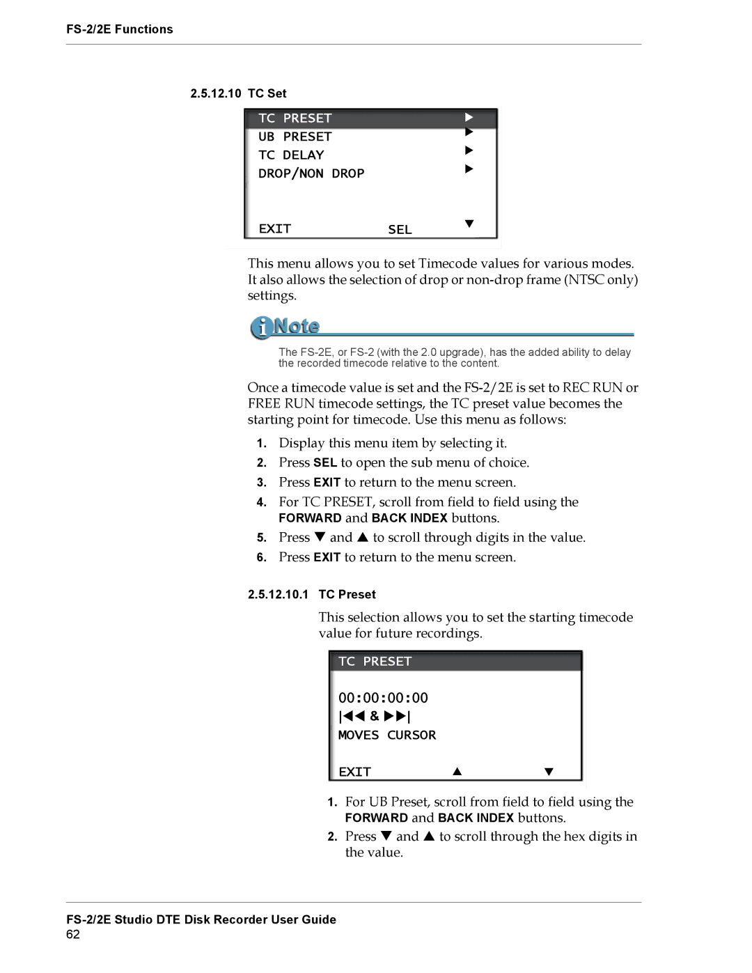 FOCUS Enhancements FS-2E manual TC Preset, UB Preset TC Delay DROP/NON Drop Exitsel 