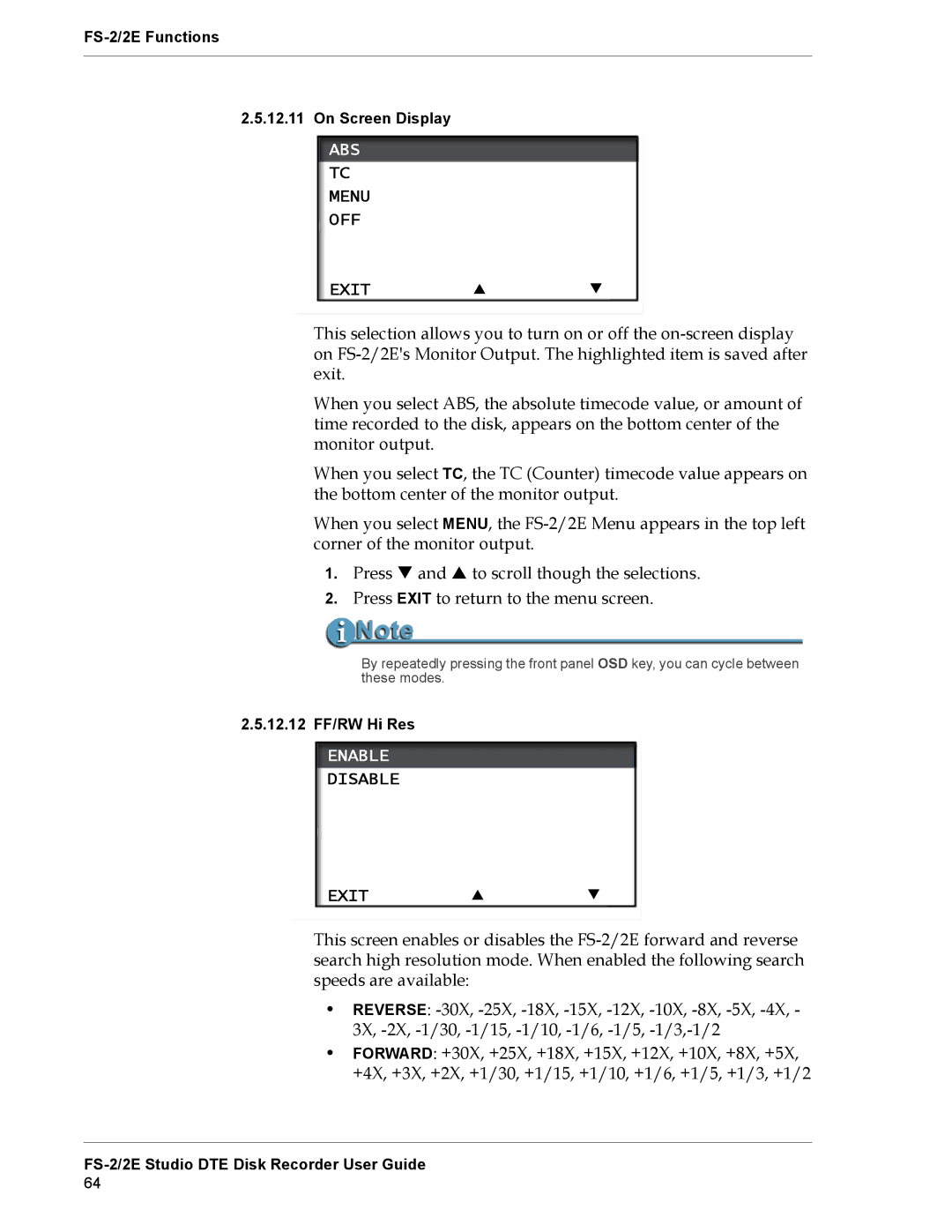 FOCUS Enhancements FS-2E manual Abs, Menu OFF Exit, Enable, Disable Exit 