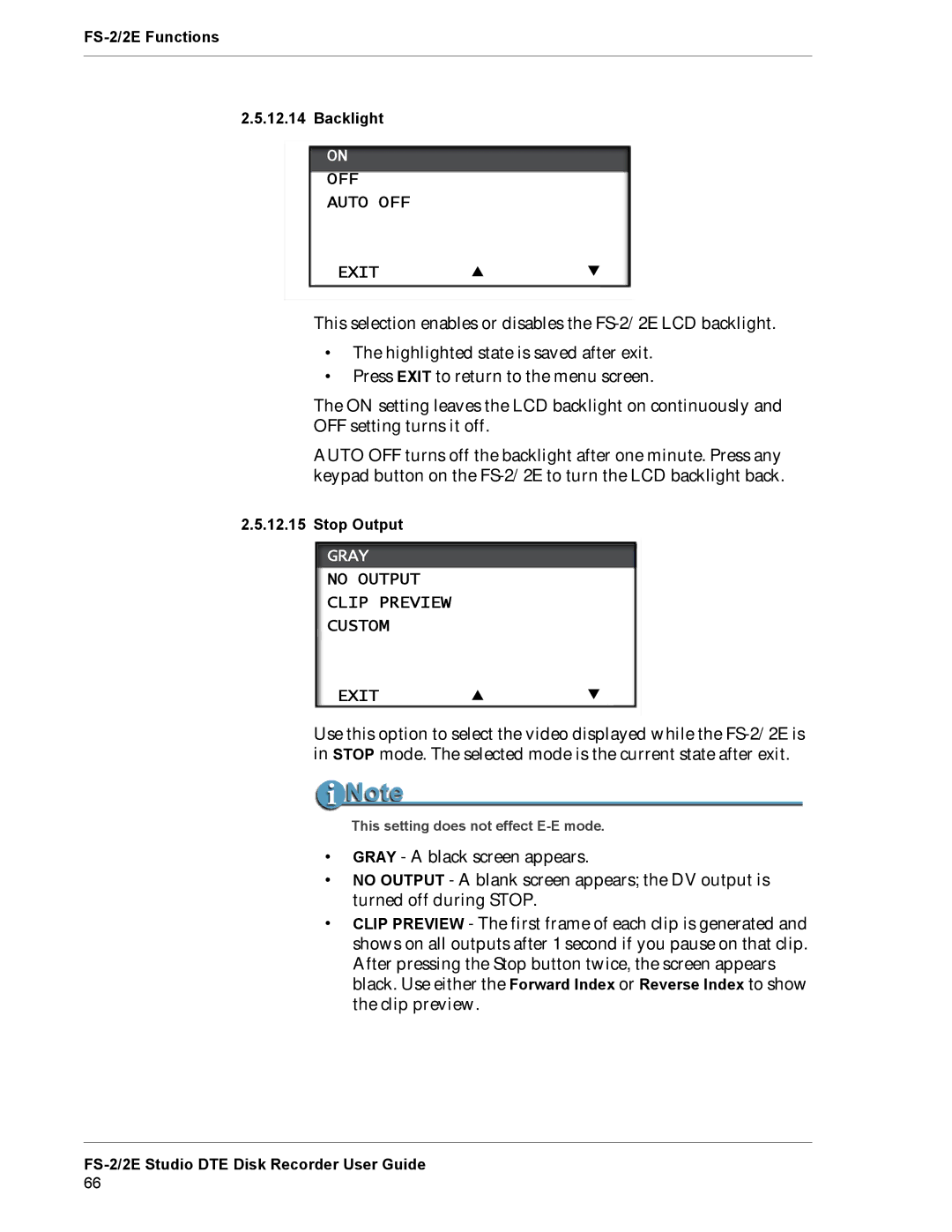 FOCUS Enhancements FS-2E manual OFF Auto OFF Exit, Gray, No Output Clip Preview Custom Exit 