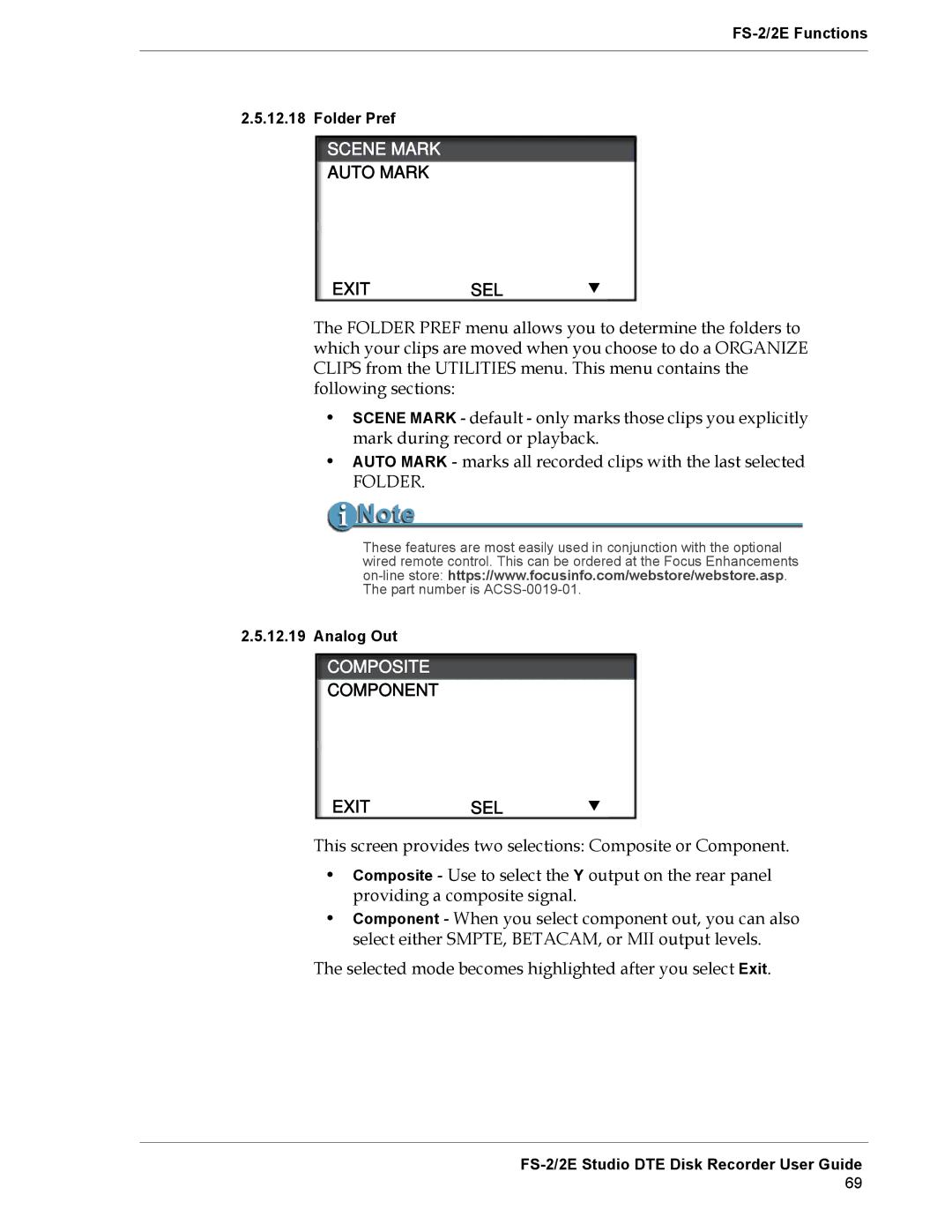 FOCUS Enhancements FS-2E manual Scene Mark, Auto Mark Exit SEL, Component Exit SEL 