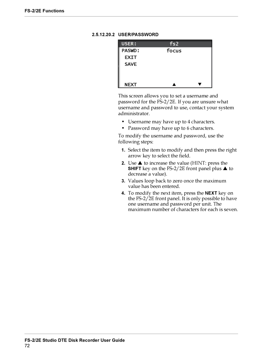 FOCUS Enhancements FS-2E manual Exit Save Next 