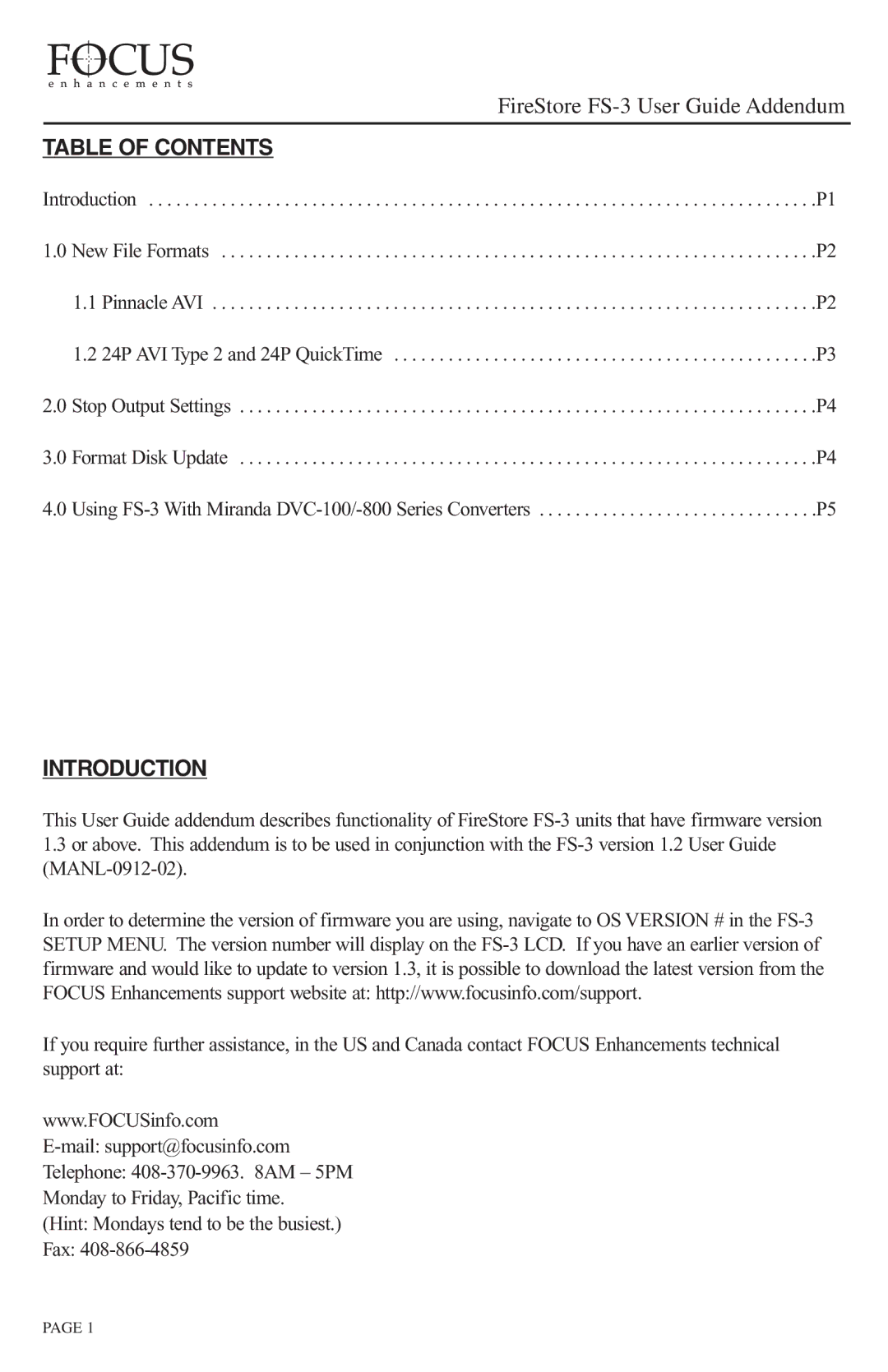 FOCUS Enhancements FS-3 manual Table of Contents, Introduction 