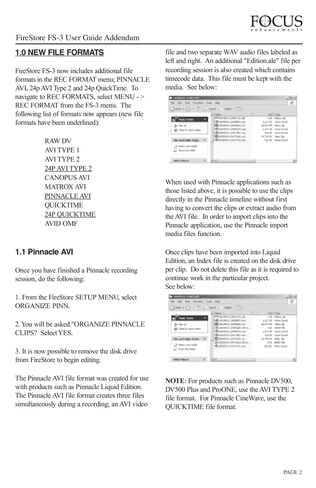 FOCUS Enhancements FS-3 manual NEW File Formats, Pinnacle AVI 