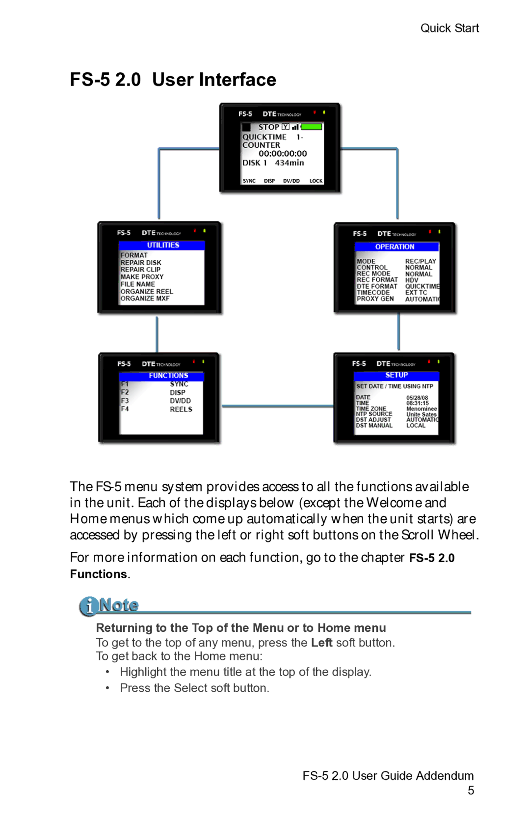 FOCUS Enhancements manual FS-5 2.0 User Interface, Returning to the Top of the Menu or to Home menu 