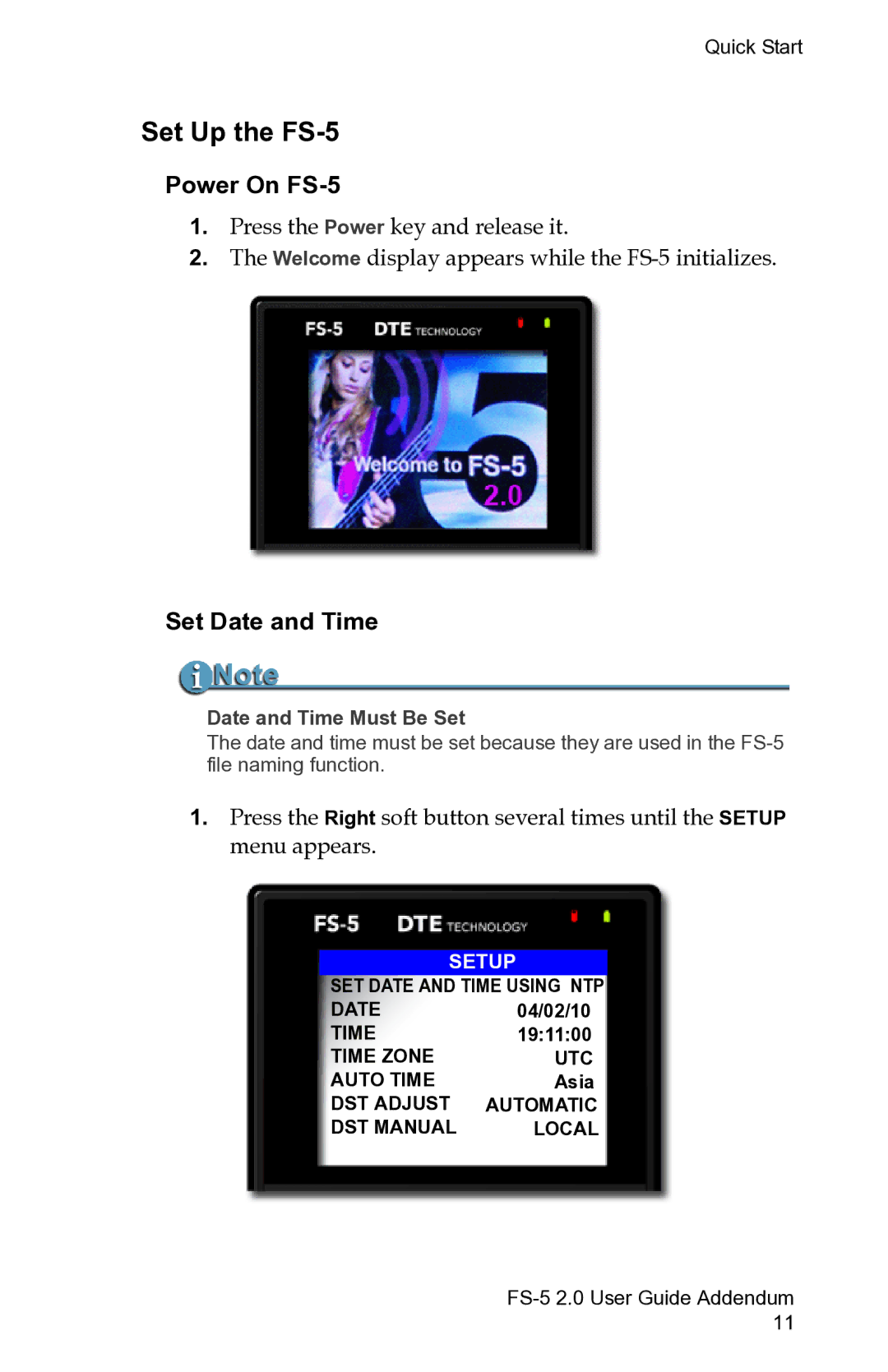 FOCUS Enhancements FS-5 2.0 manual Set Up the FS-5, Power On FS-5, Set Date and Time 