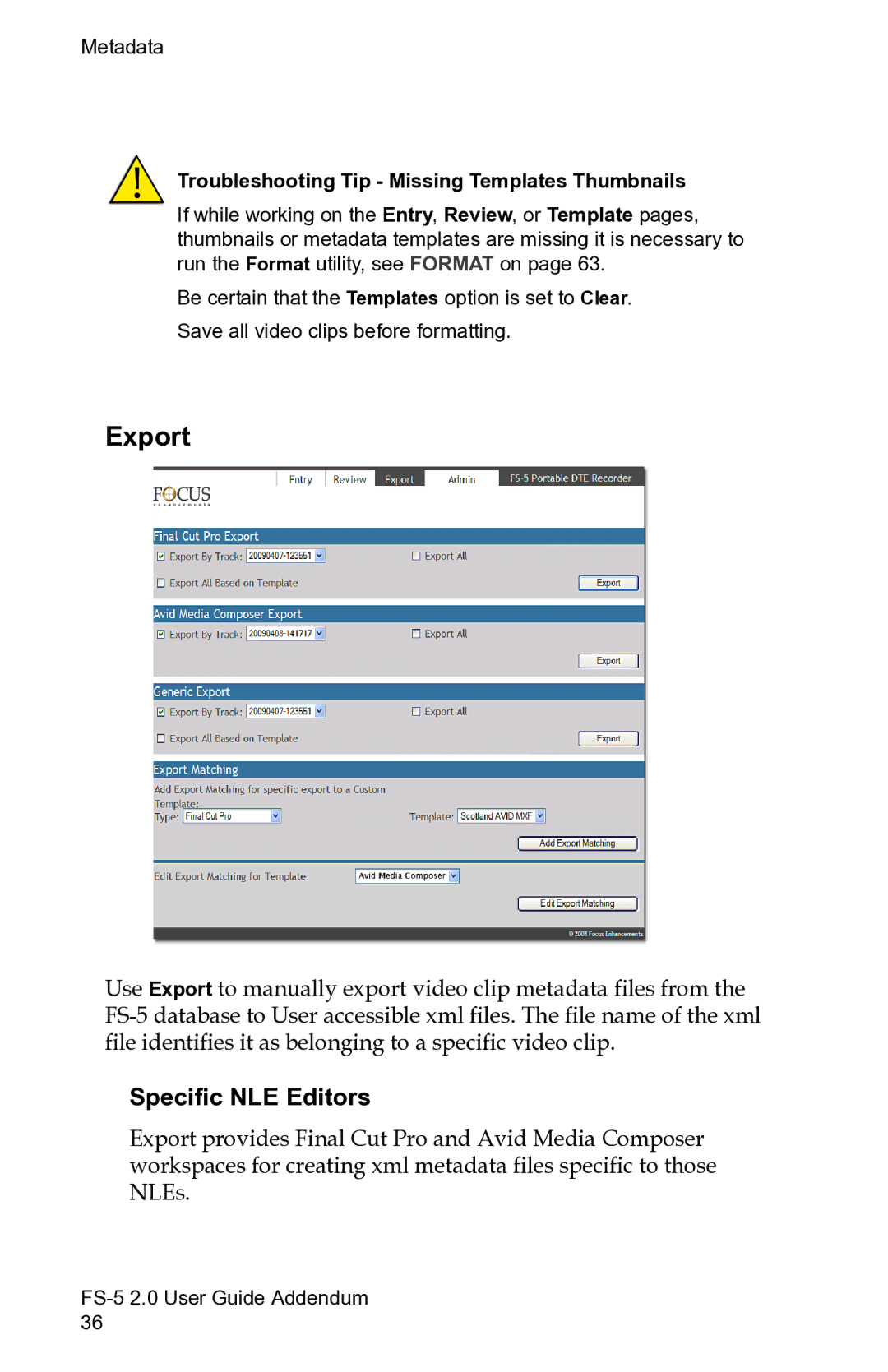 FOCUS Enhancements FS-5 2.0 manual Export, Specific NLE Editors 