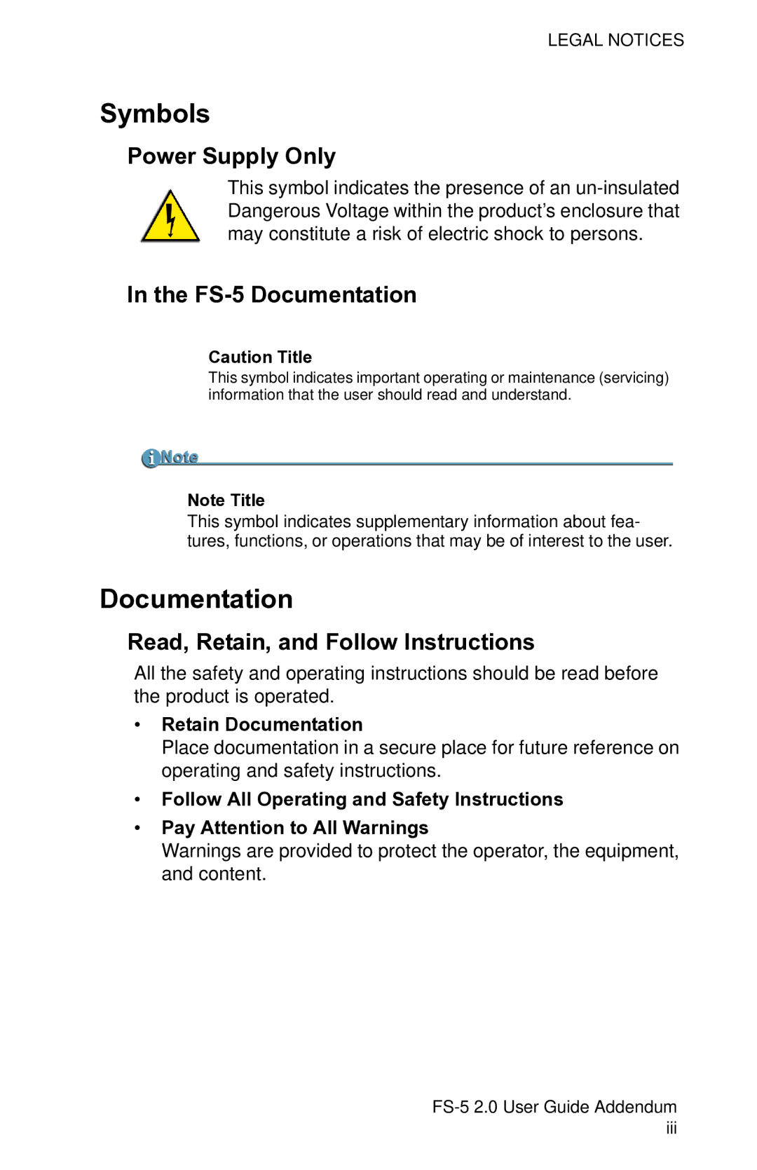 FOCUS Enhancements FS-5 2.0 Symbols, Power Supply Only, FS-5 Documentation, Read, Retain, and Follow Instructions 