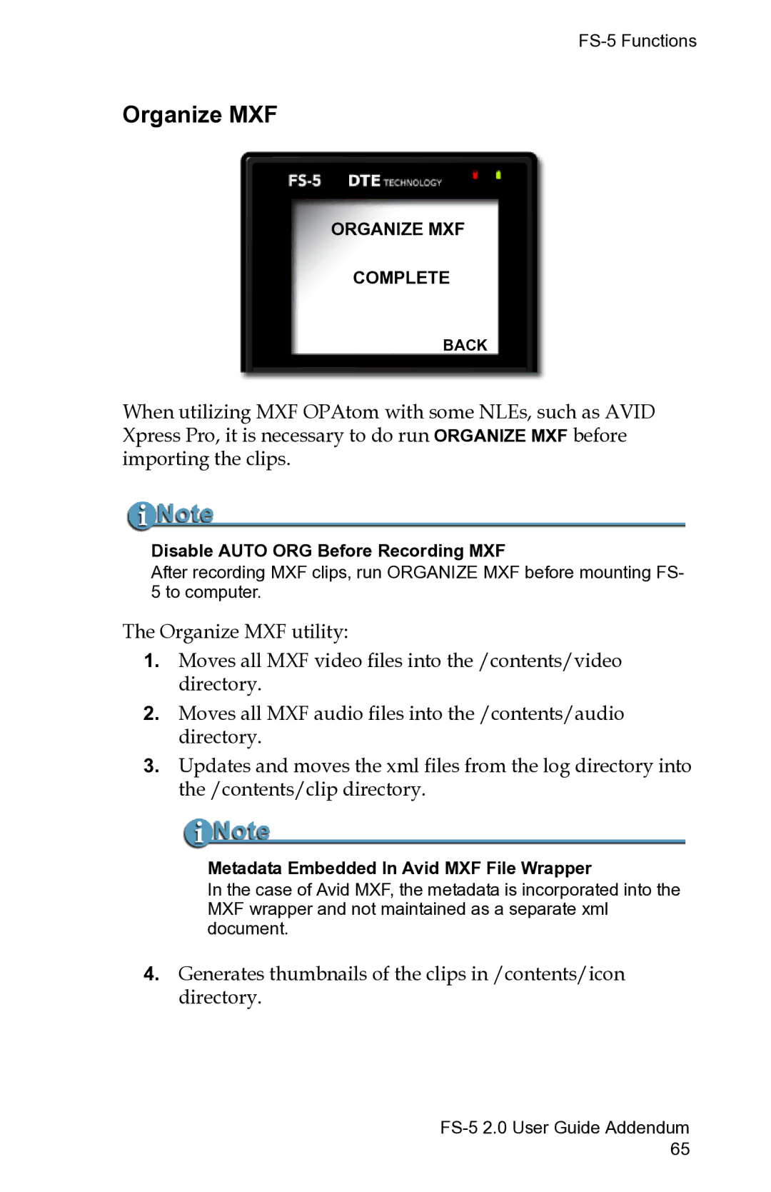 FOCUS Enhancements FS-5 2.0 manual Organize MXF, Metadata Embedded In Avid MXF File Wrapper 