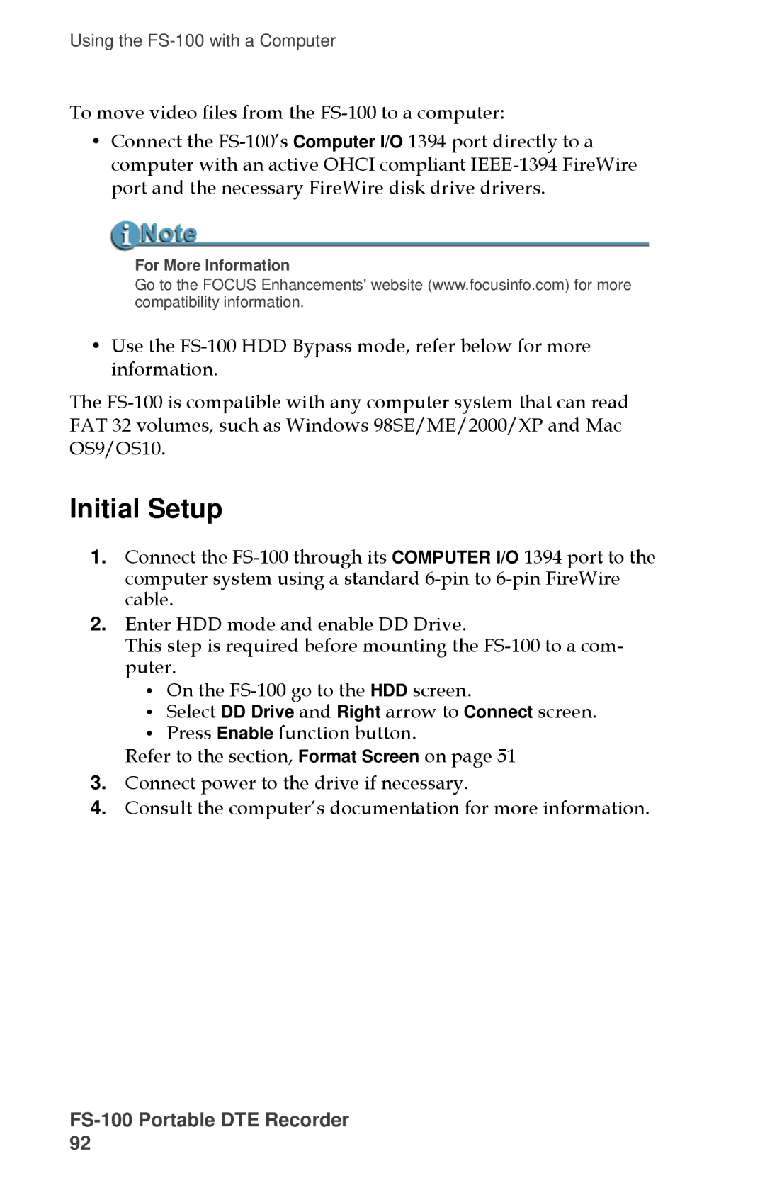 FOCUS Enhancements MANL-1023-08 manual Initial Setup, For More Information 