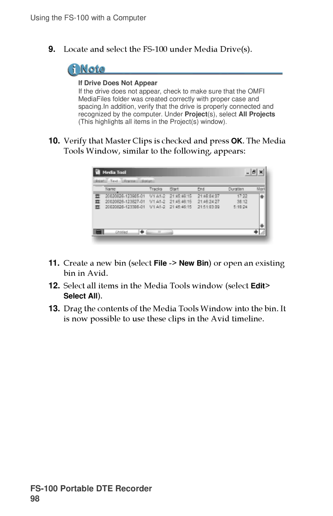 FOCUS Enhancements MANL-1023-08 manual Locate and select the FS-100 under Media Drives, If Drive Does Not Appear 