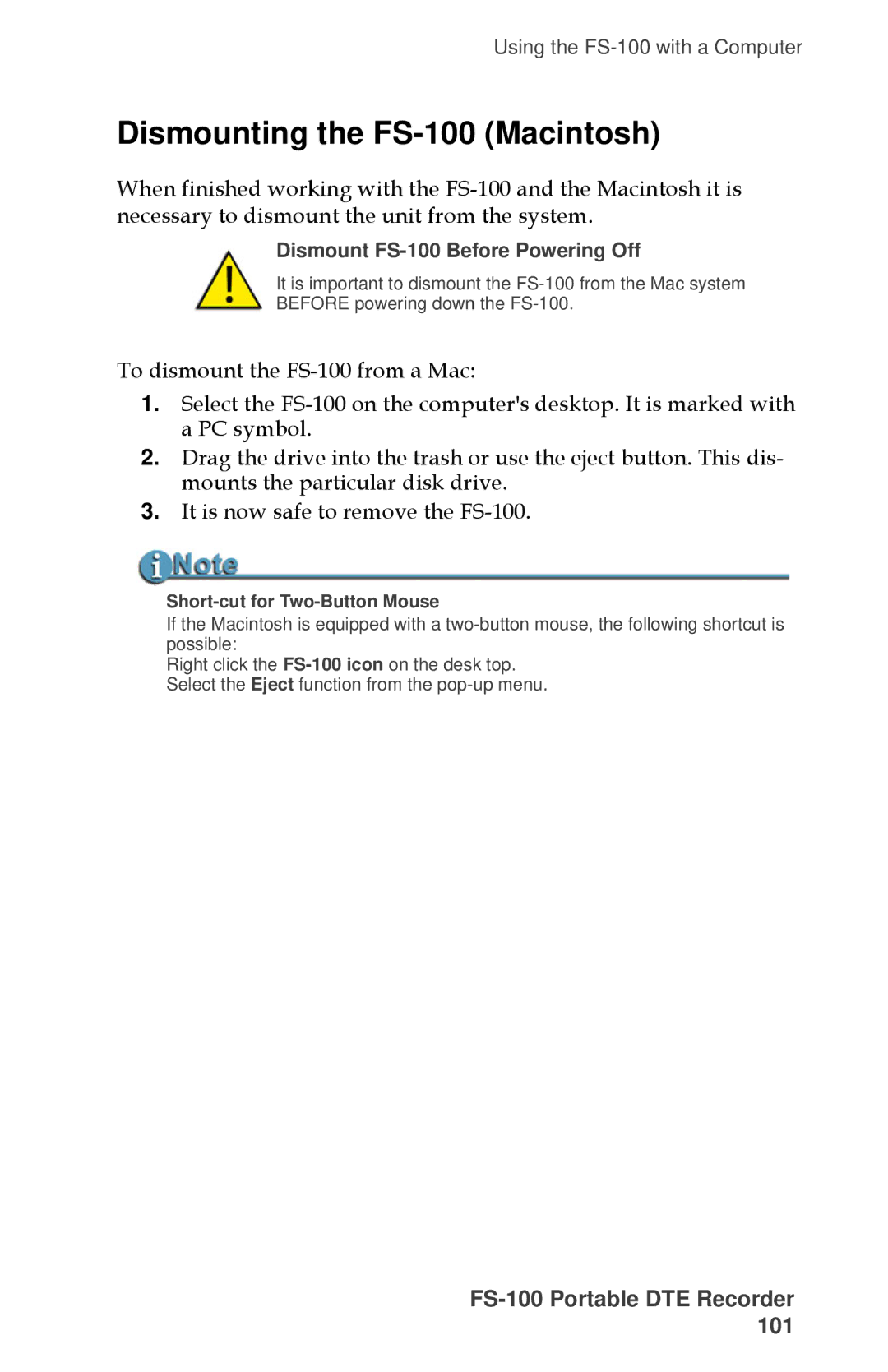 FOCUS Enhancements MANL-1023-08 manual Dismounting the FS-100 Macintosh, Short-cut for Two-Button Mouse 