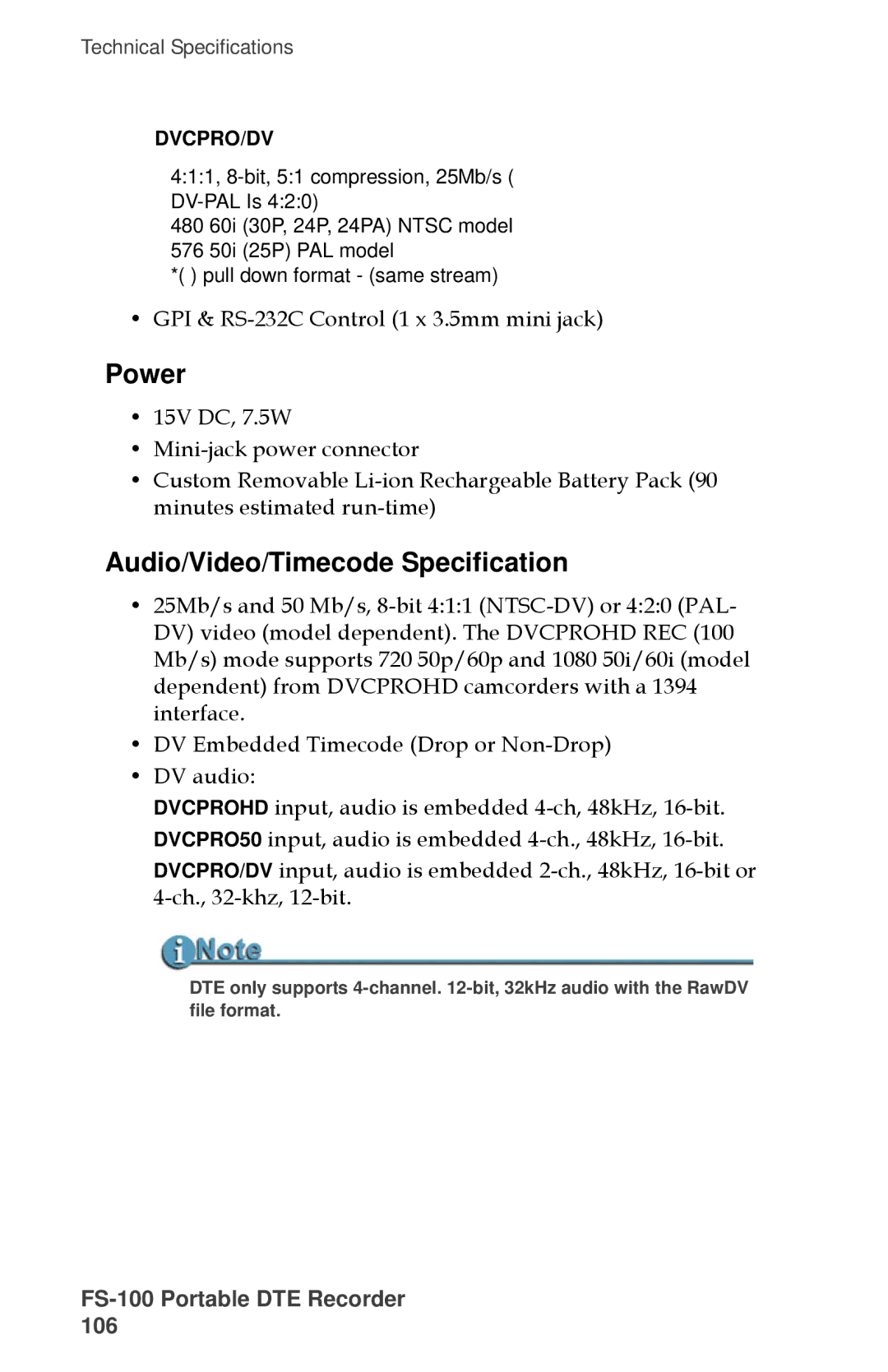 FOCUS Enhancements MANL-1023-08 manual Power, Audio/Video/Timecode Specification 