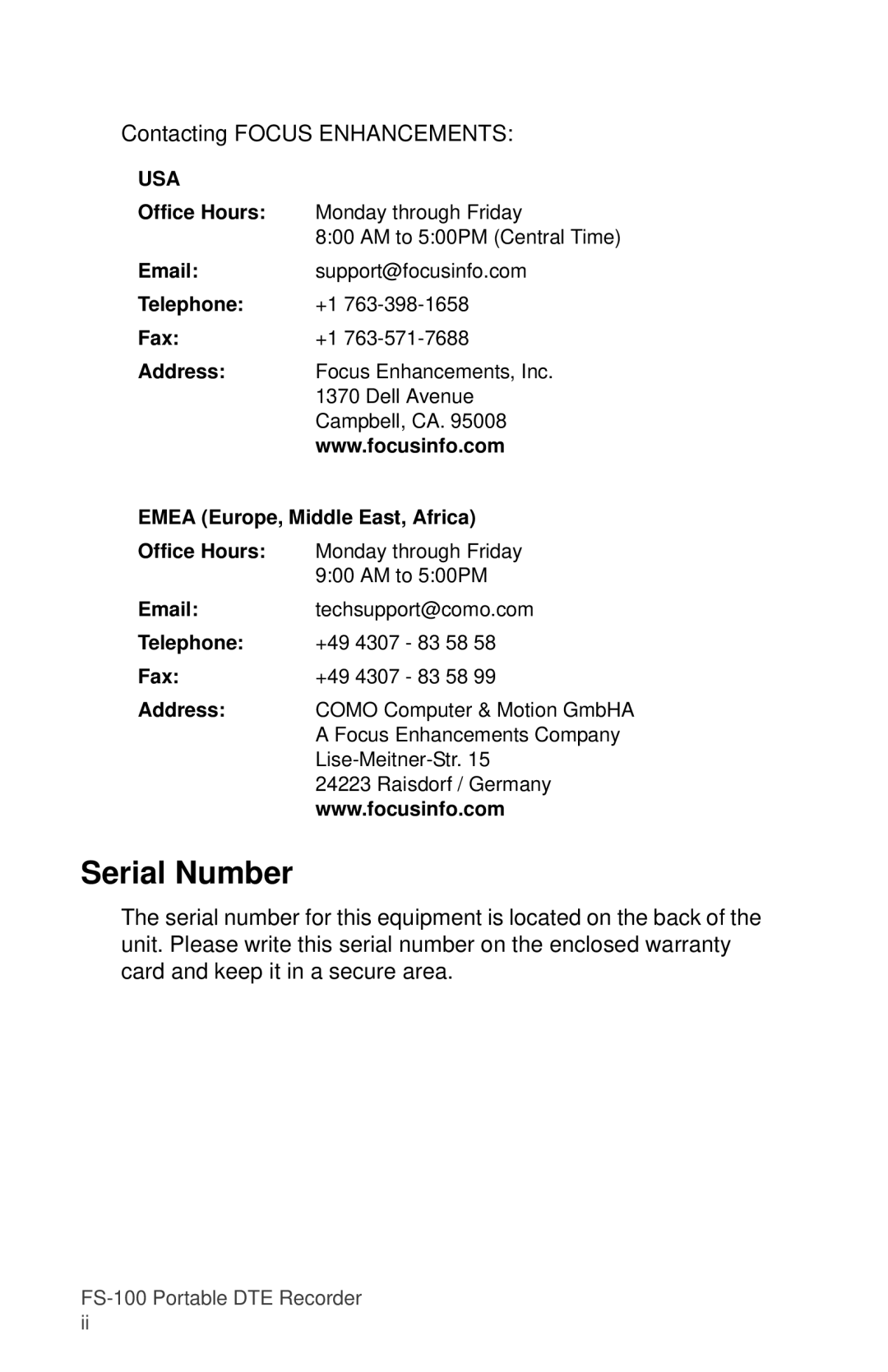 FOCUS Enhancements MANL-1023-08 manual Serial Number, Contacting Focus Enhancements 