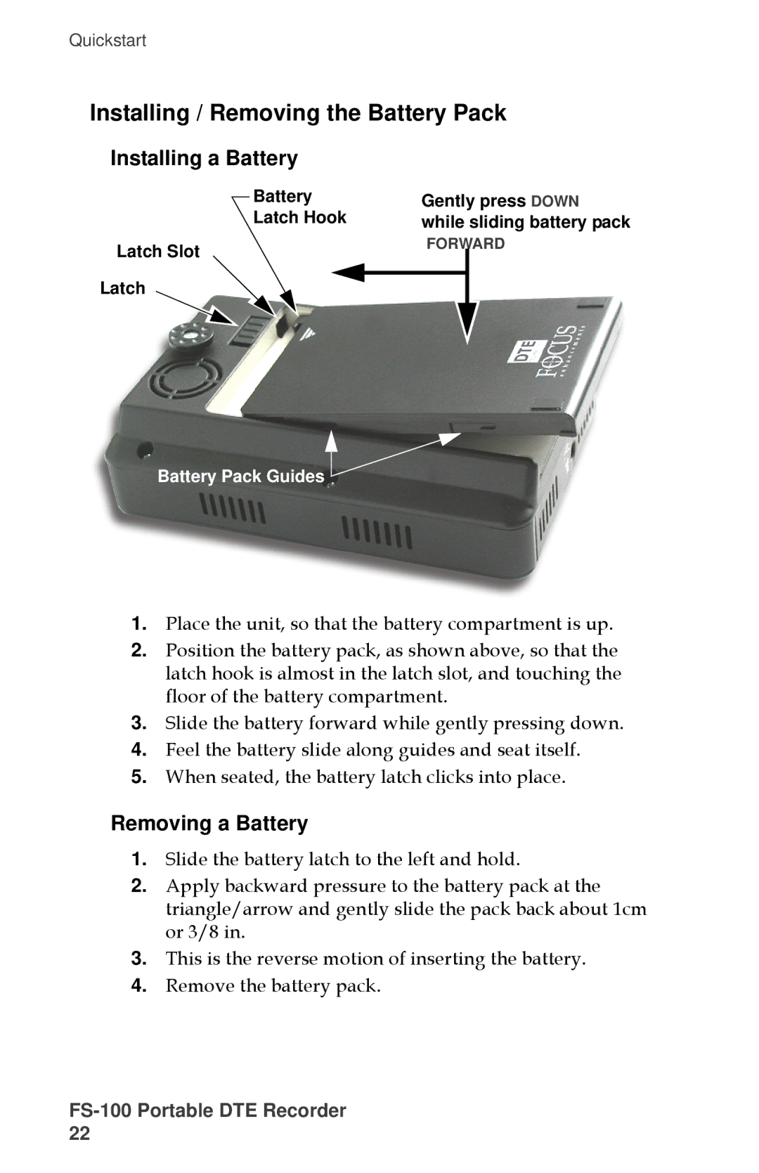 FOCUS Enhancements MANL-1023-08 manual Installing / Removing the Battery Pack, Installing a Battery, Removing a Battery 