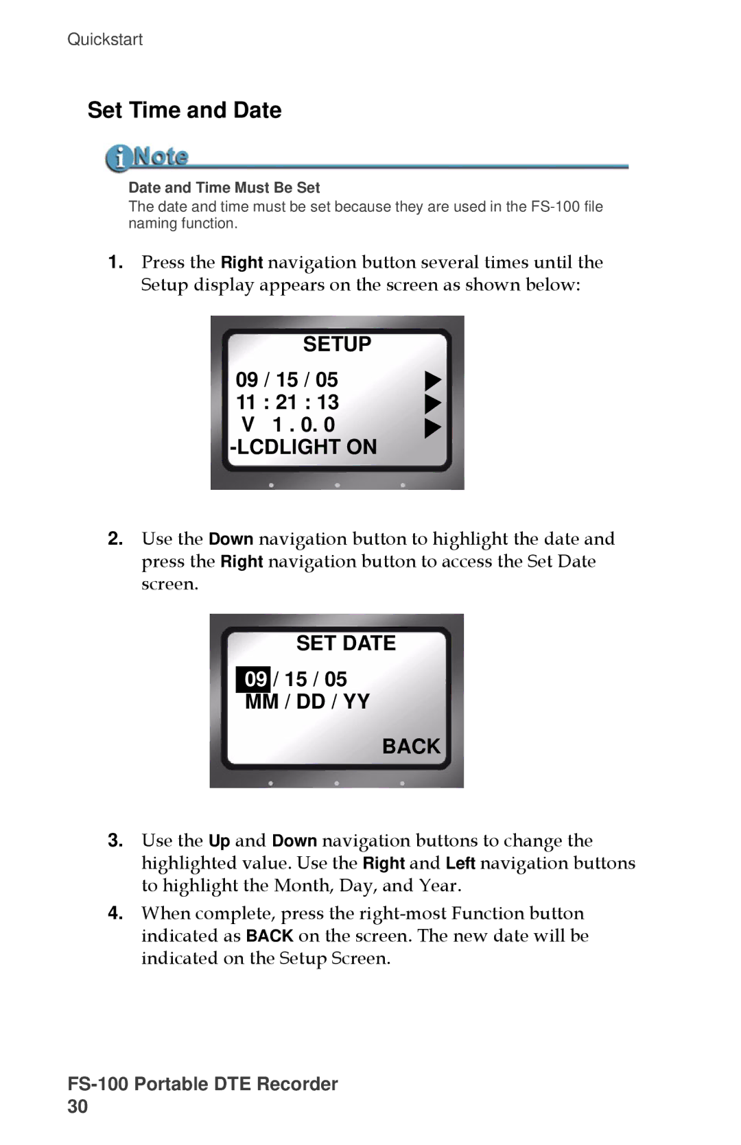 FOCUS Enhancements MANL-1023-08 manual Set Time and Date, Setup, Lcdlight on, SET Date, Back 