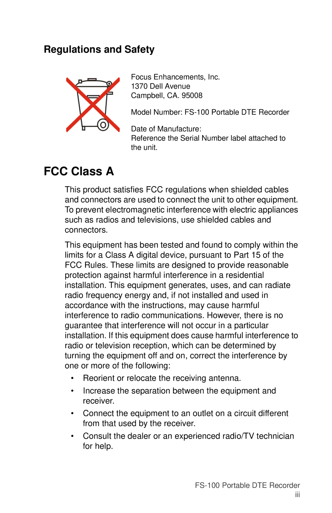 FOCUS Enhancements MANL-1023-08 manual FCC Class a, Regulations and Safety 