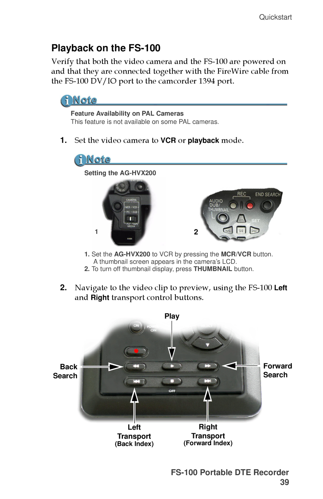 FOCUS Enhancements MANL-1023-08 manual Playback on the FS-100, Feature Availability on PAL Cameras, Setting the AG-HVX200 