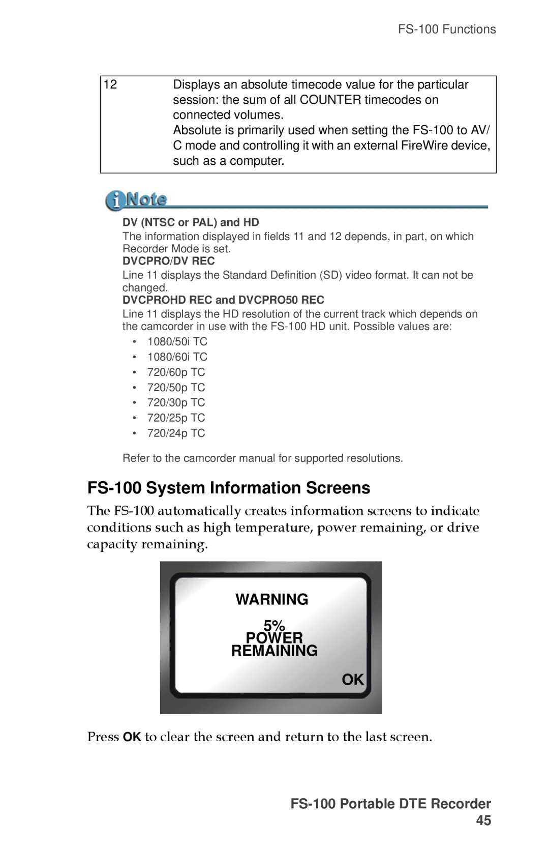 FOCUS Enhancements MANL-1023-08 manual FS-100 System Information Screens, Power Remaining, DV Ntsc or PAL and HD 