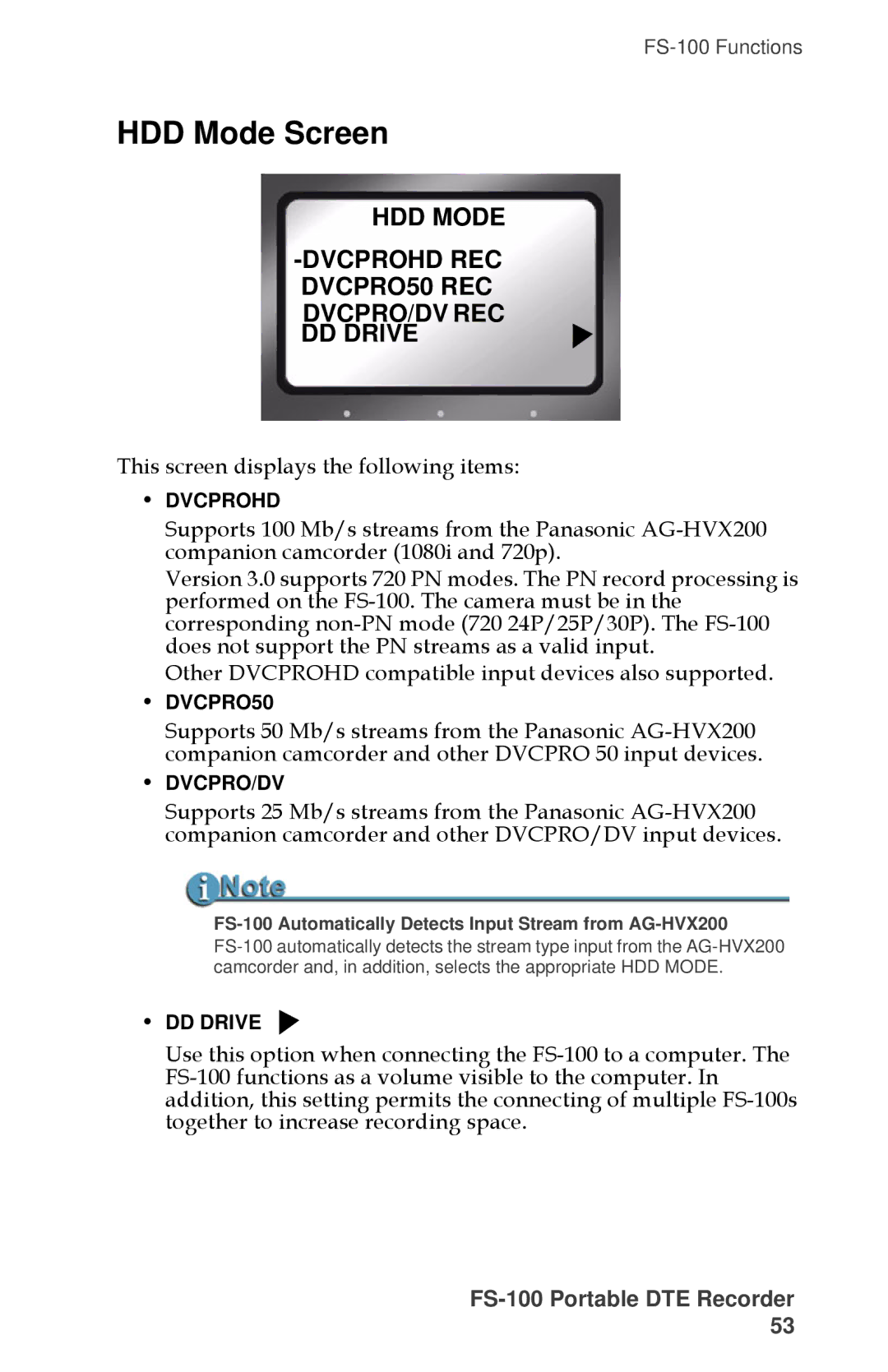 FOCUS Enhancements MANL-1023-08 manual HDD Mode Screen, HDD Mode Dvcprohd REC DVCPRO50 REC DVCPRO/DV REC DD Drive 