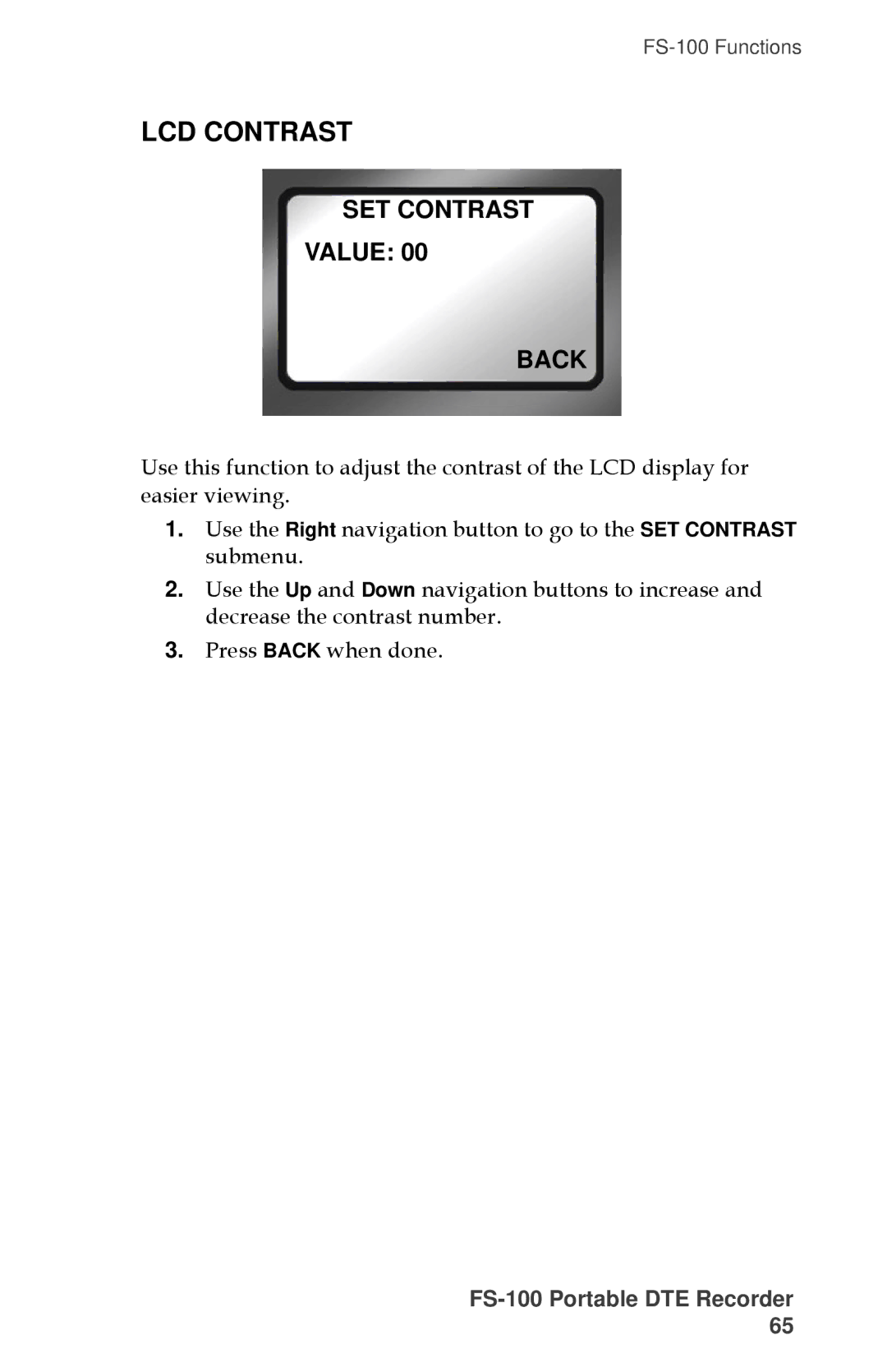 FOCUS Enhancements MANL-1023-08 manual LCD Contrast, SET Contrast Value Back 