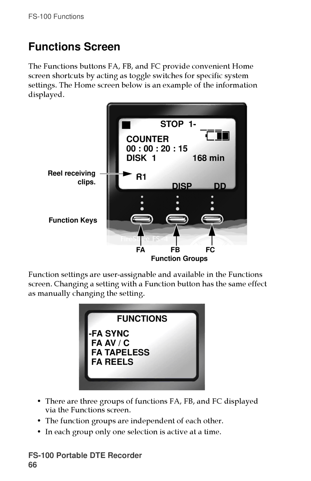 FOCUS Enhancements MANL-1023-08 manual Functions Screen, 00 00 20 168 min, Functions FA Sync FA AV / C FA Tapeless FA Reels 