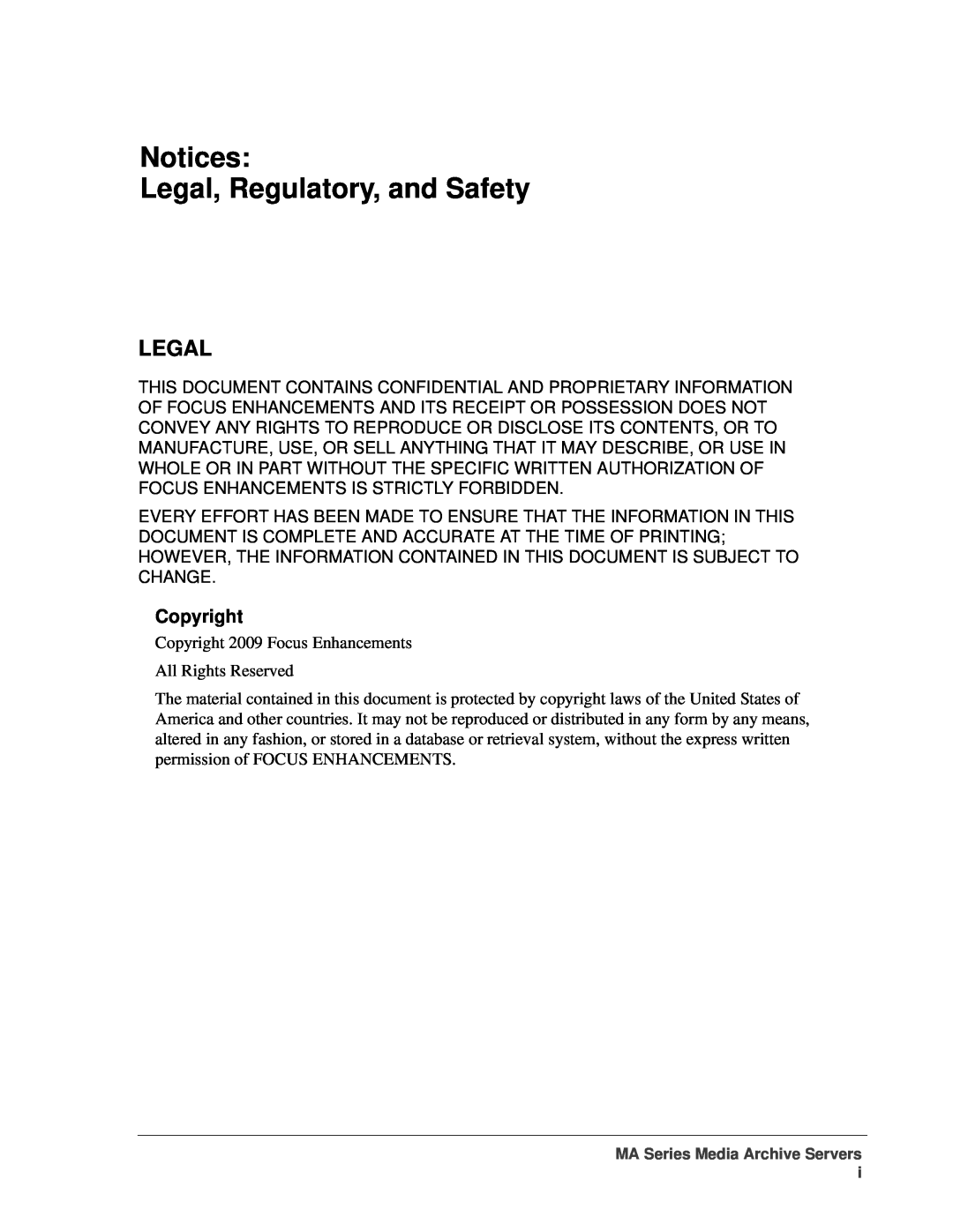 FOCUS Enhancements MANL-1161-04 manual Notices Legal, Regulatory, and Safety, Copyright 