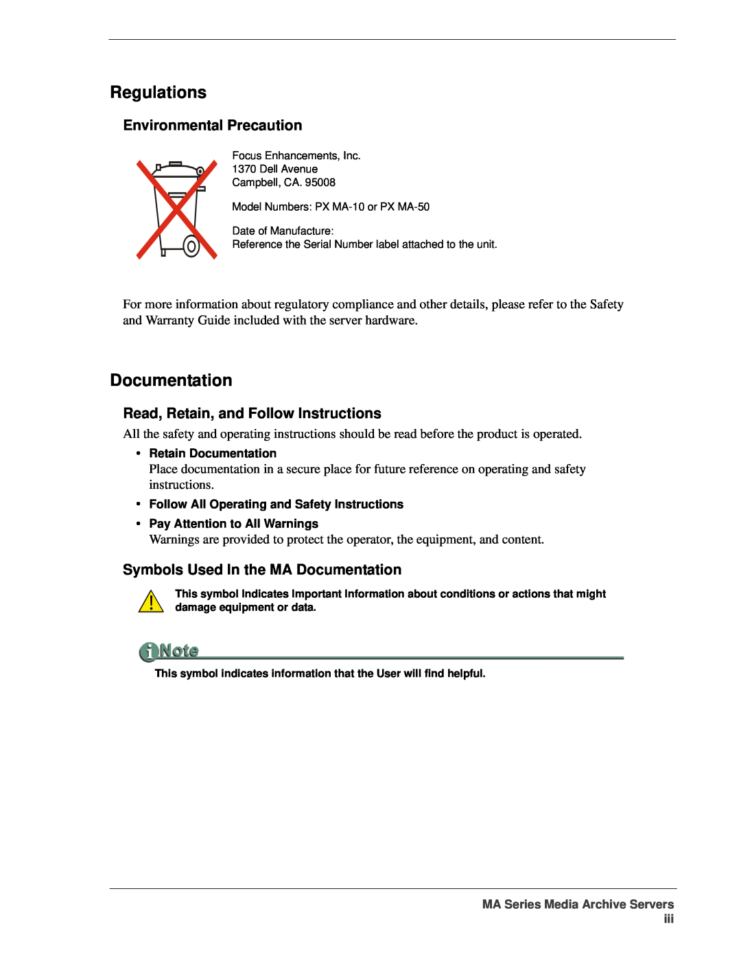 FOCUS Enhancements MANL-1161-04 manual Regulations, Environmental Precaution, Symbols Used In the MA Documentation 