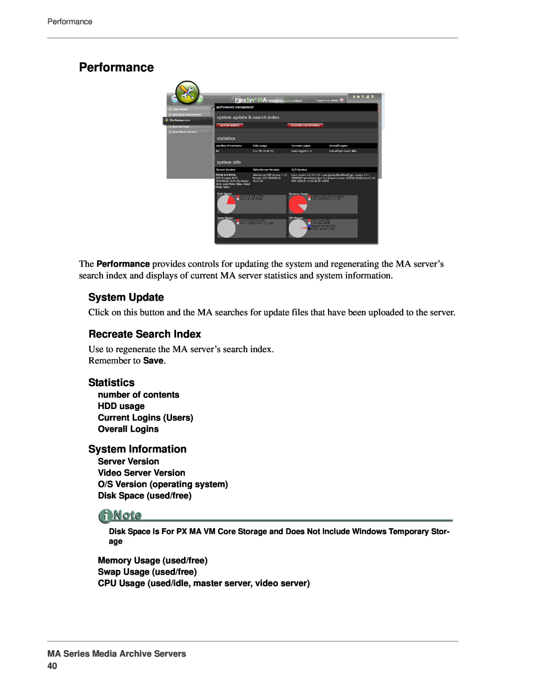 FOCUS Enhancements MANL-1161-04 manual Performance, System Update, Recreate Search Index, Statistics, System Information 