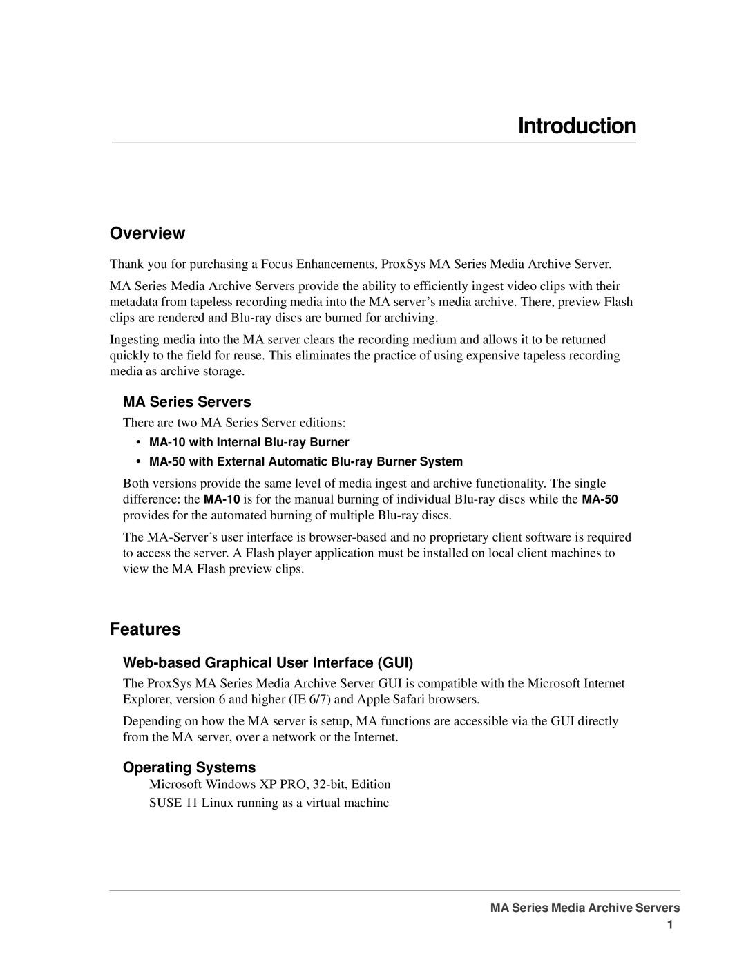 FOCUS Enhancements MANL-1161-04 manual Overview, Features, MA Series Servers, Web-based Graphical User Interface GUI 