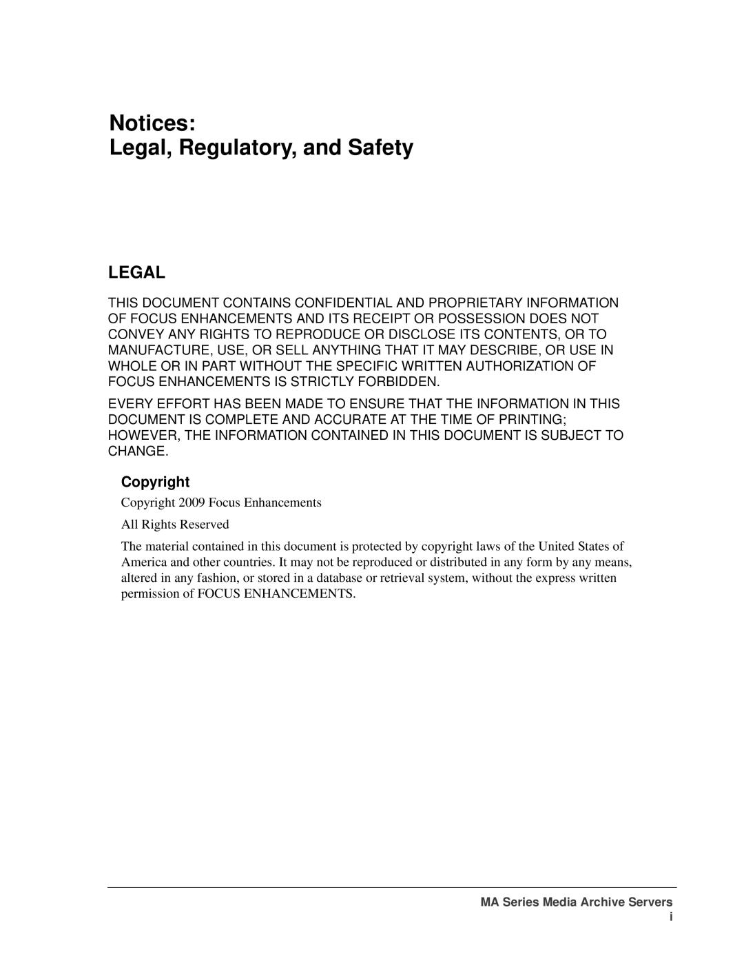 FOCUS Enhancements MANL-1161-04 manual Legal, Regulatory, and Safety, Copyright 