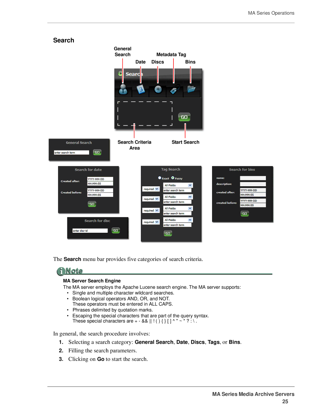 FOCUS Enhancements MANL-1161-04 manual General, Metadata Tag, Date Discs Bins Search Criteria, MA Server Search Engine 