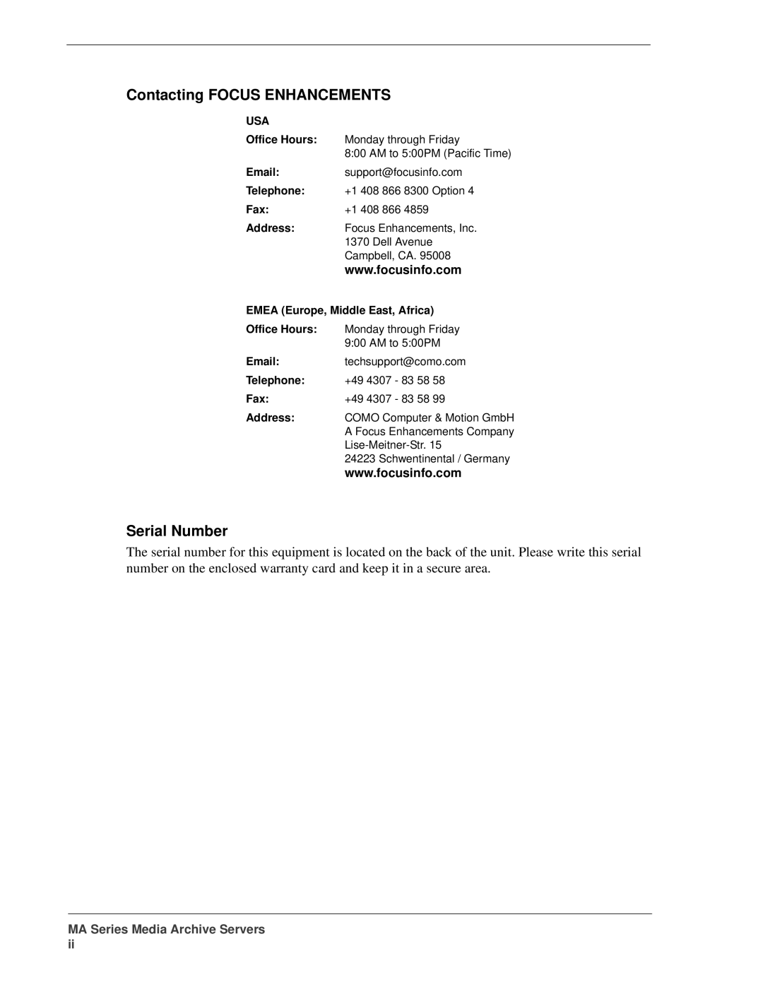 FOCUS Enhancements MANL-1161-04 manual Contacting Focus Enhancements, Serial Number, Emea Europe, Middle East, Africa 