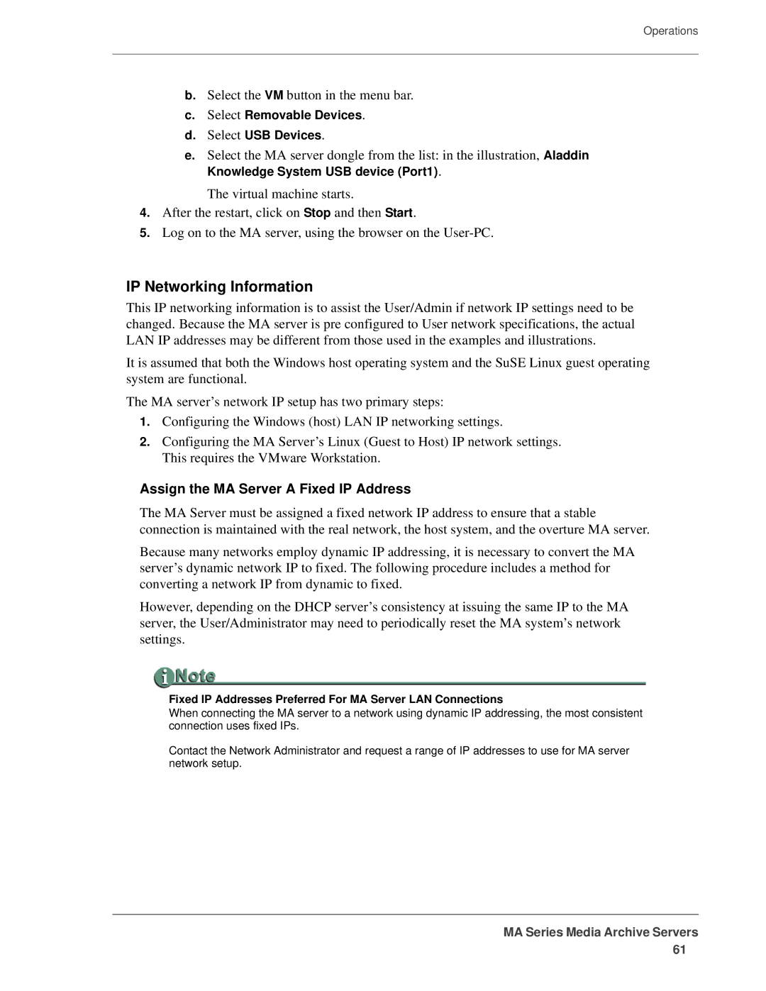 FOCUS Enhancements MANL-1161-04 manual IP Networking Information, Assign the MA Server a Fixed IP Address 