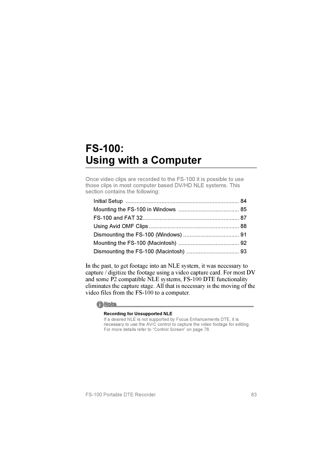 FOCUS Enhancements FS100, MANL102306 manual FS­100 Using with a Computer, Recording for Unsupported NLE 