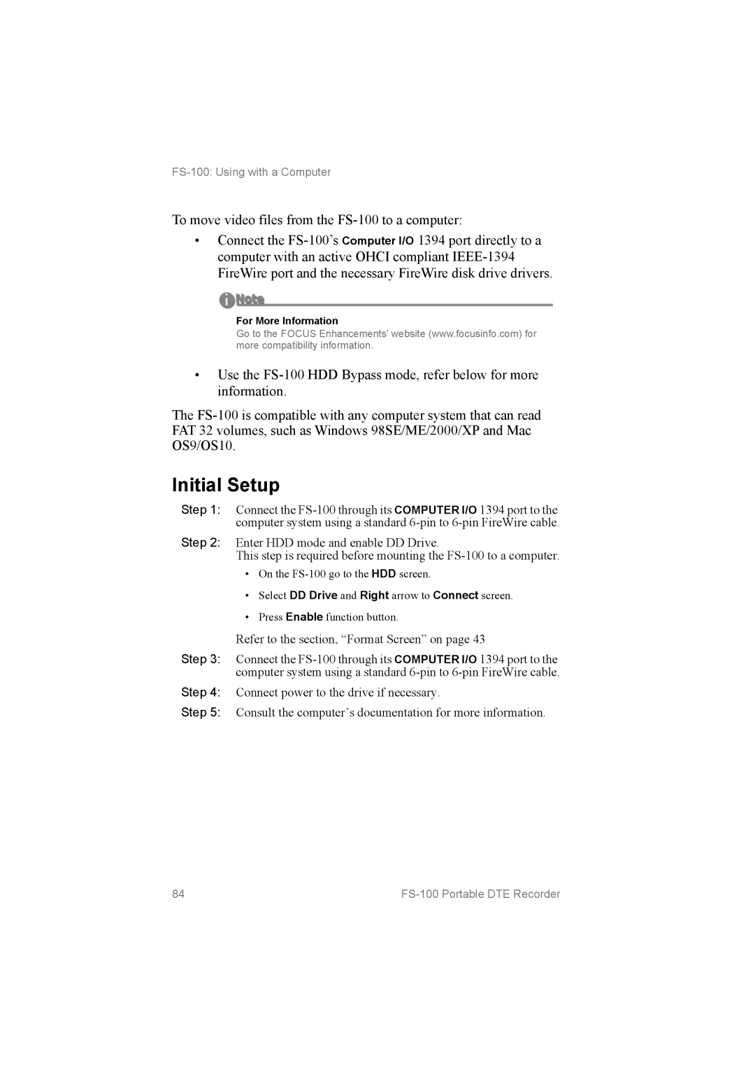 FOCUS Enhancements MANL102306, FS100 manual Initial Setup, For More Information 