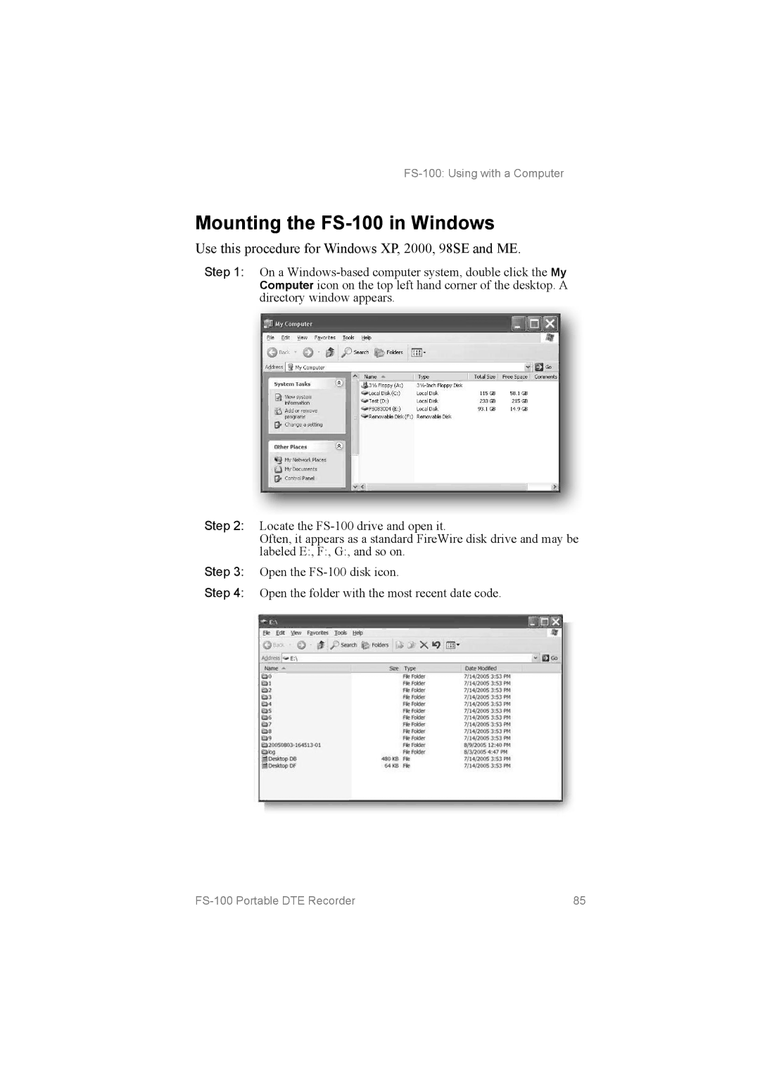 FOCUS Enhancements FS100, MANL102306 Mounting the FS­100 in Windows, Use this procedure for Windows XP, 2000, 98SE and ME 