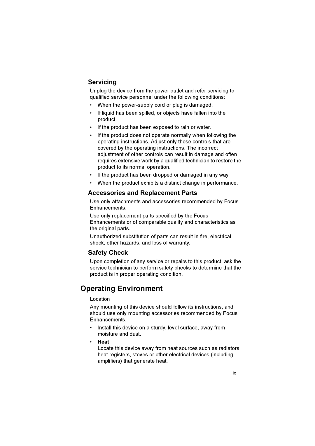 FOCUS Enhancements FS100, MANL102306 manual Servicing, Accessories and Replacement Parts, Safety Check 