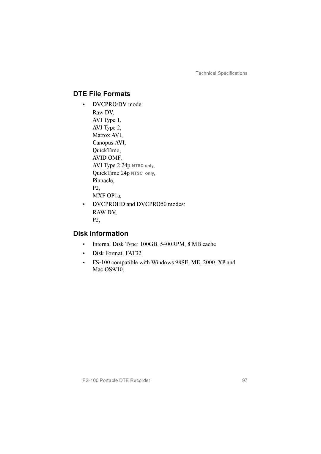 FOCUS Enhancements FS100, MANL102306 manual DTE File Formats, Disk Information 