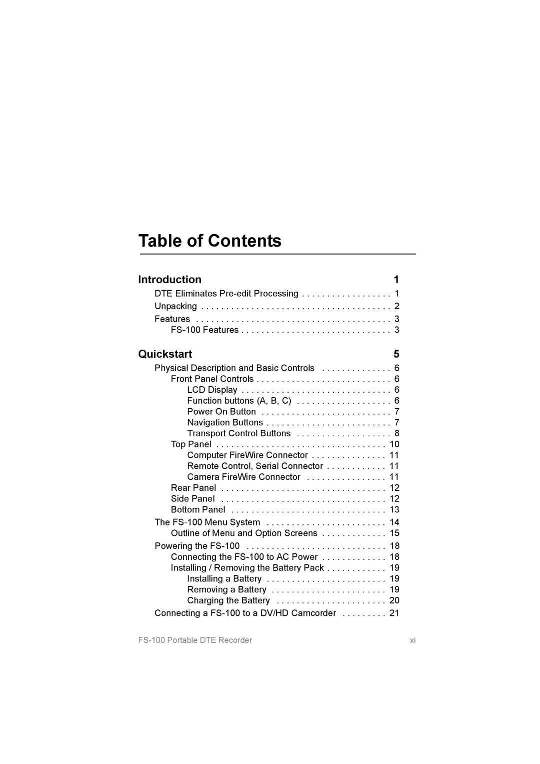 FOCUS Enhancements FS100, MANL102306 manual Table of Contents 