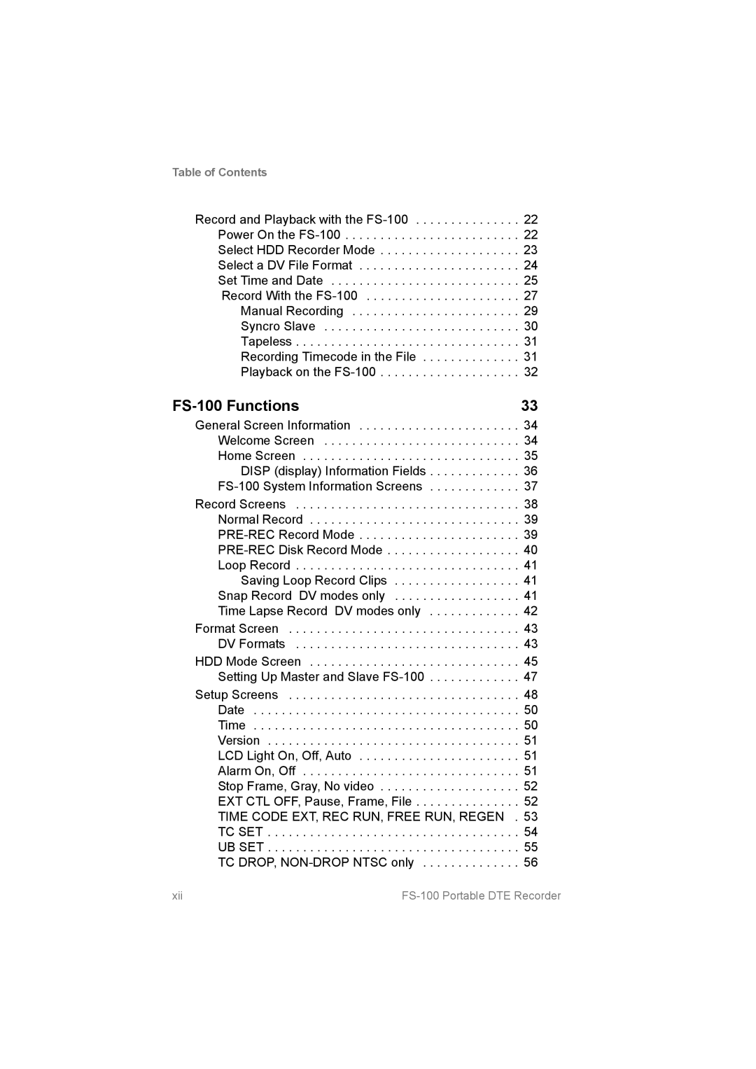 FOCUS Enhancements MANL102306, FS100 manual FS­100 Functions, Table of Contents 