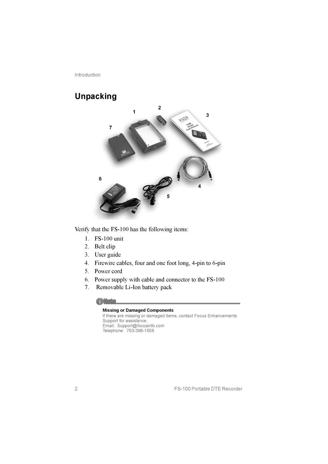 FOCUS Enhancements MANL102306, FS100 manual Unpacking, Missing or Damaged Components 