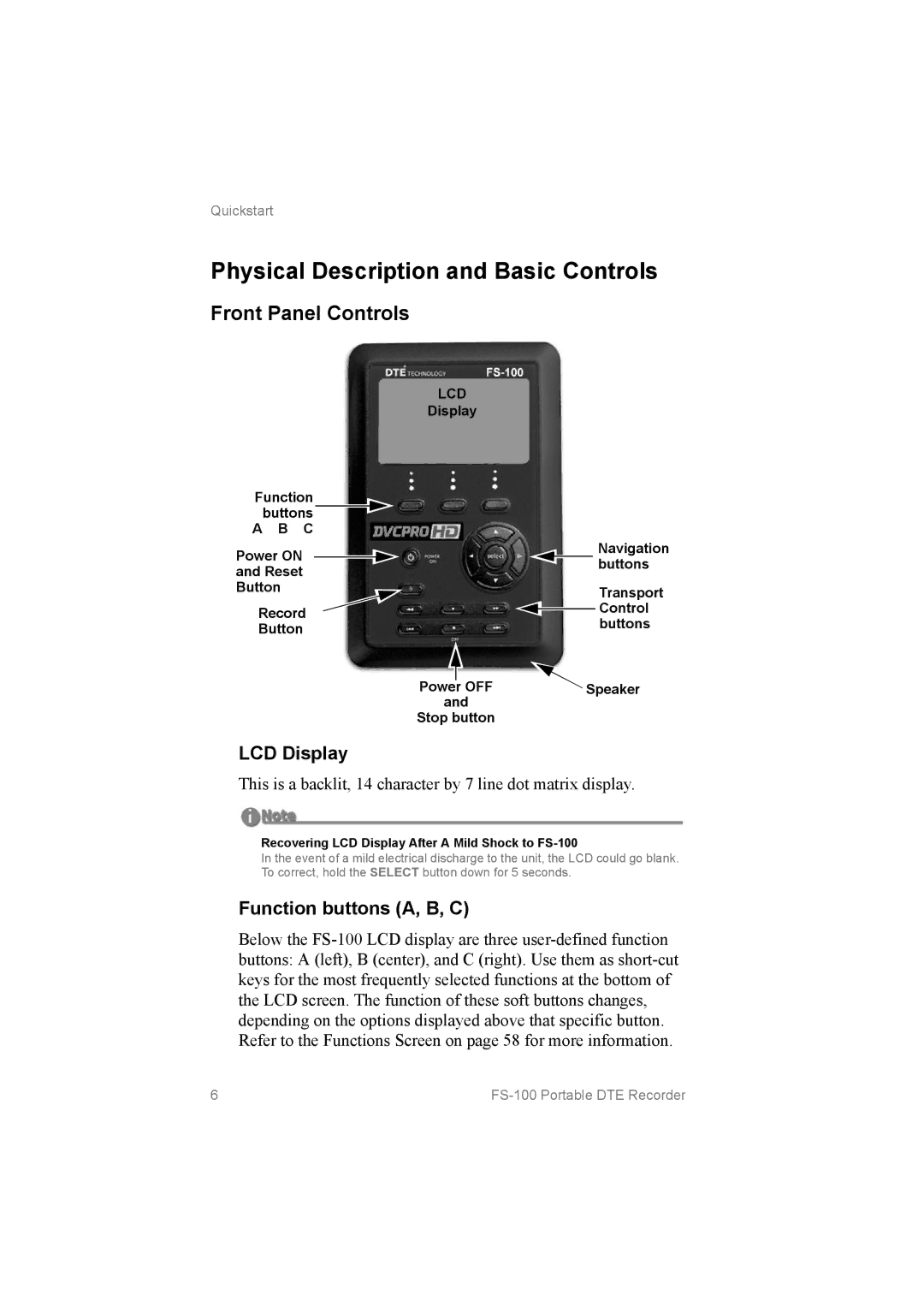 FOCUS Enhancements MANL102306, FS100 manual Physical Description and Basic Controls, Front Panel Controls, LCD Display 