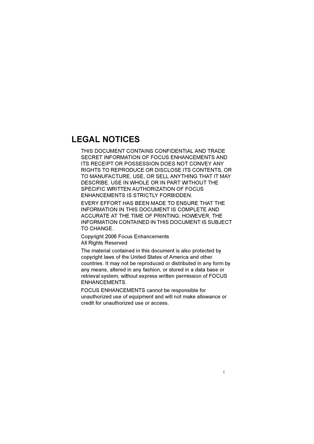 FOCUS Enhancements FS100, MANL102306 manual Legal Notices 