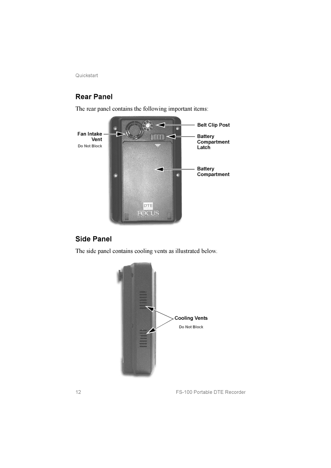 FOCUS Enhancements MANL102306, FS100 manual Rear Panel, Side Panel, Rear panel contains the following important items 