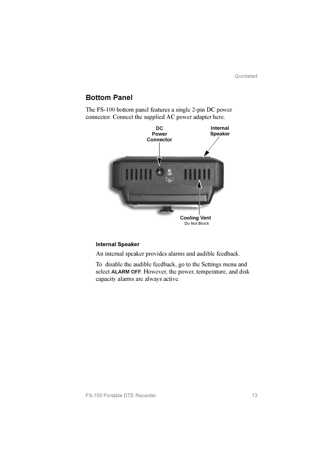 FOCUS Enhancements FS100, MANL102306 manual Bottom Panel, Power Speaker 